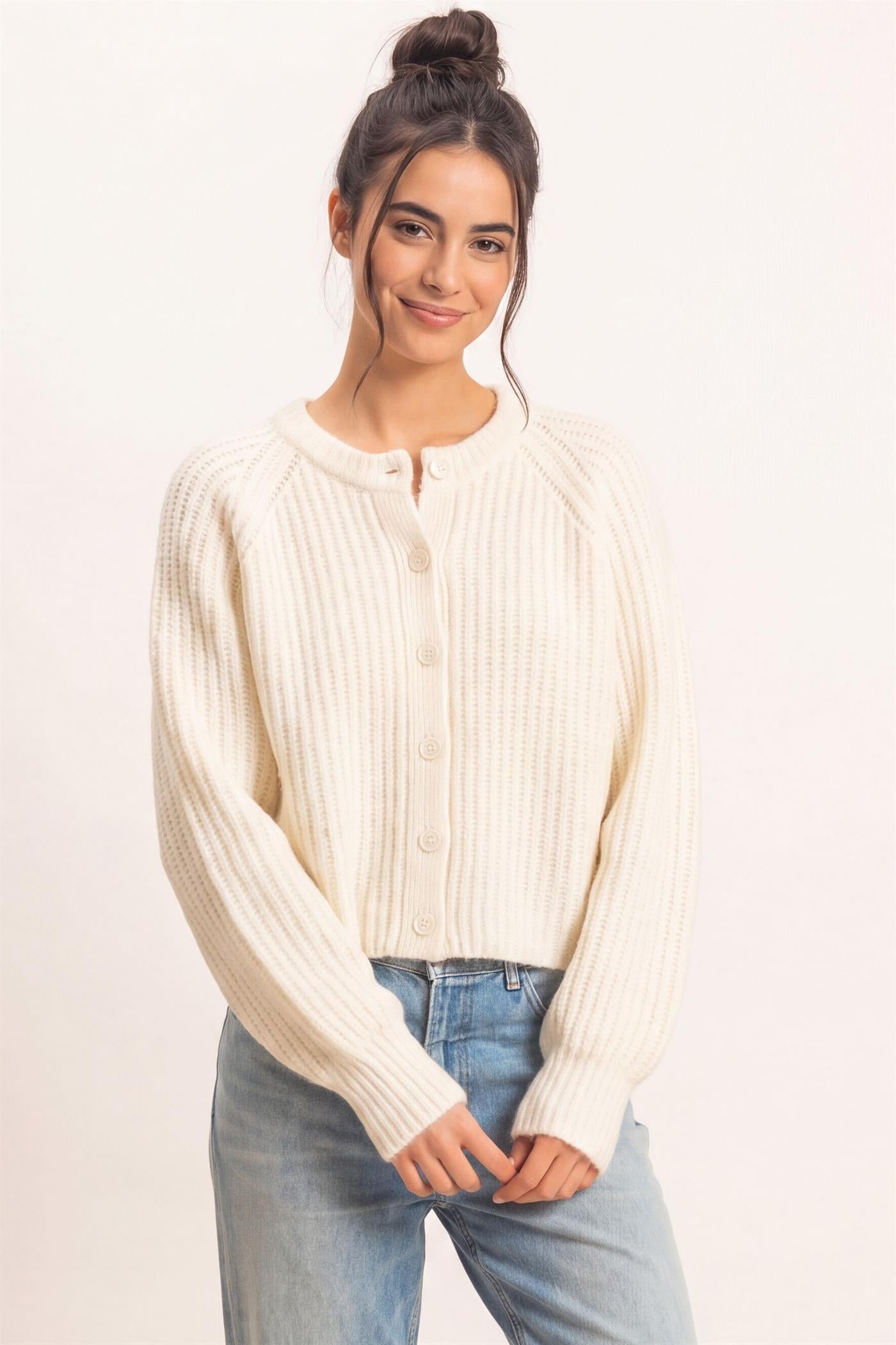 Wholesale Ribbed Button Front Cardigan Cardigans DZ26E109 CREAM DOUBLE ZERO
