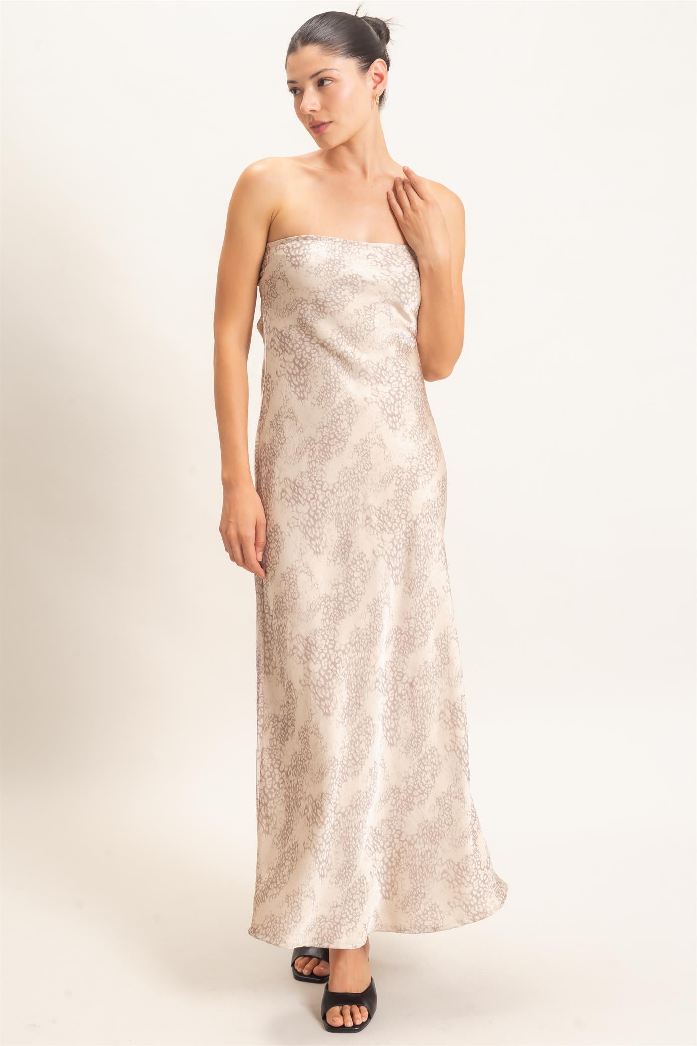 Wholesale Satin Patterned Maxi Dress Dresses HF26F029 TAUPE HYFVE