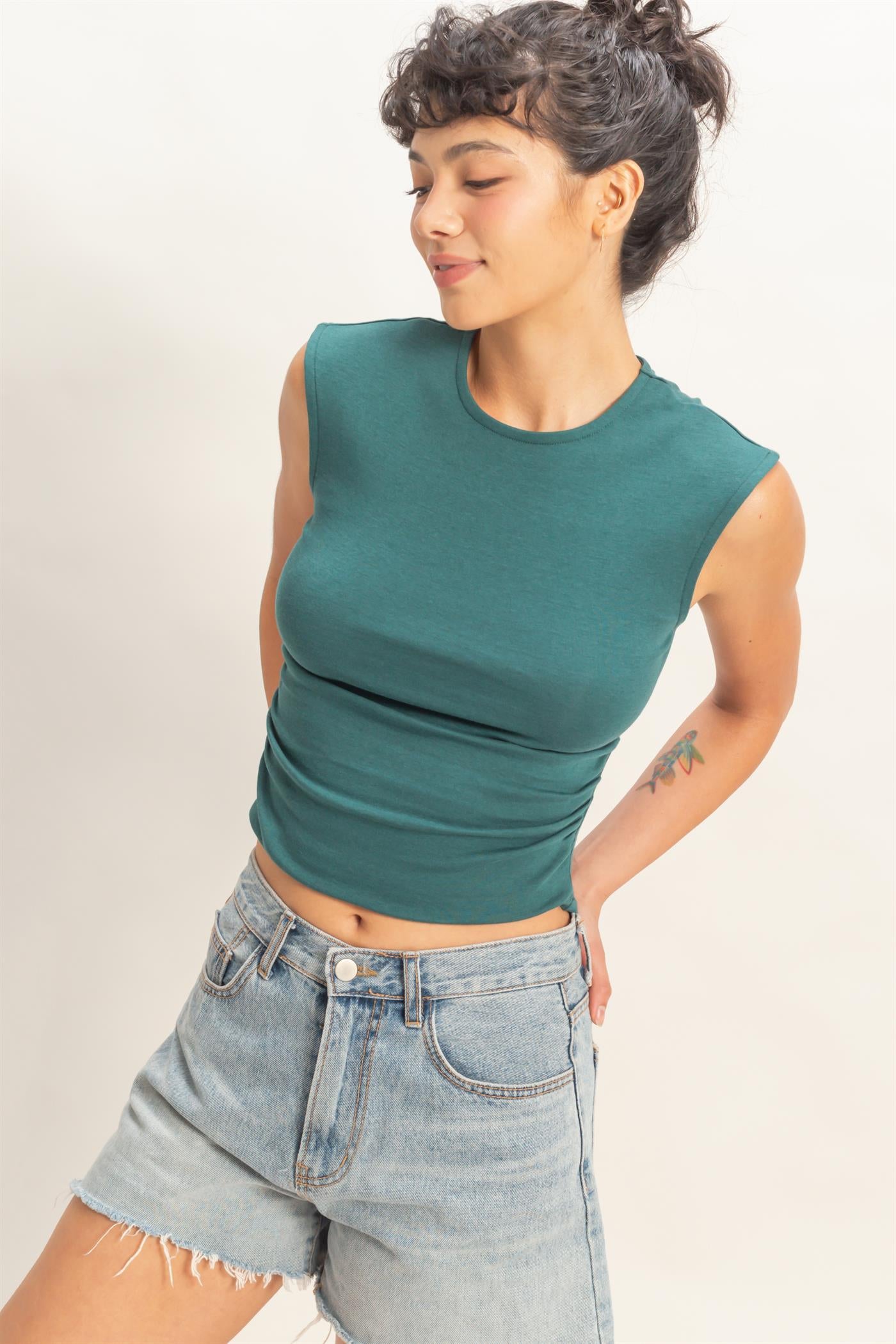 Wholesale Ruched Waist Cap Sleeve Top Clothing Tops DZ26A889 DARK TEAL DOUBLE ZERO