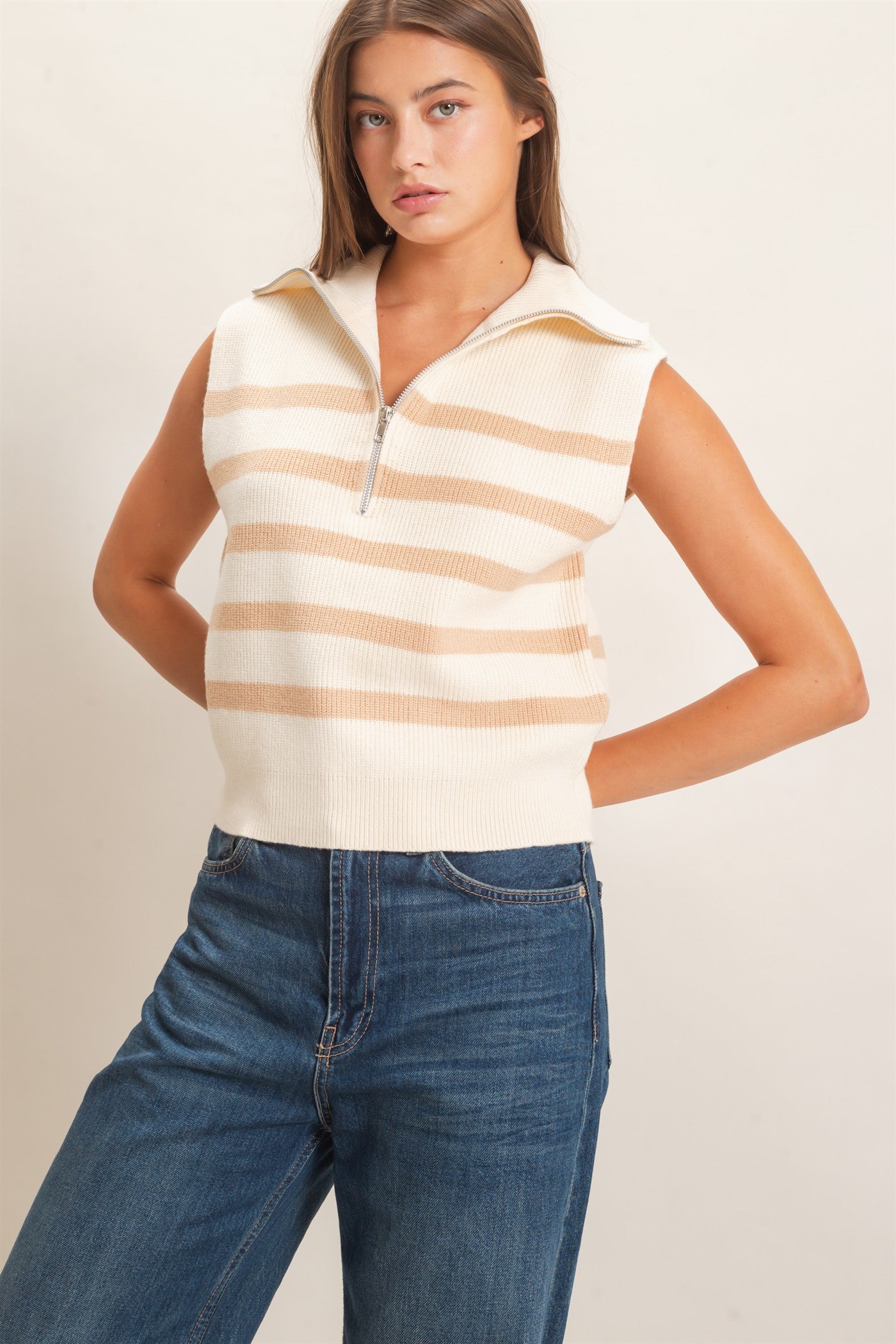 Wholesale Half-Zip Sleeveless Stripe Sweater Sweaters DZ26E951 TAUPE DOUBLE ZERO