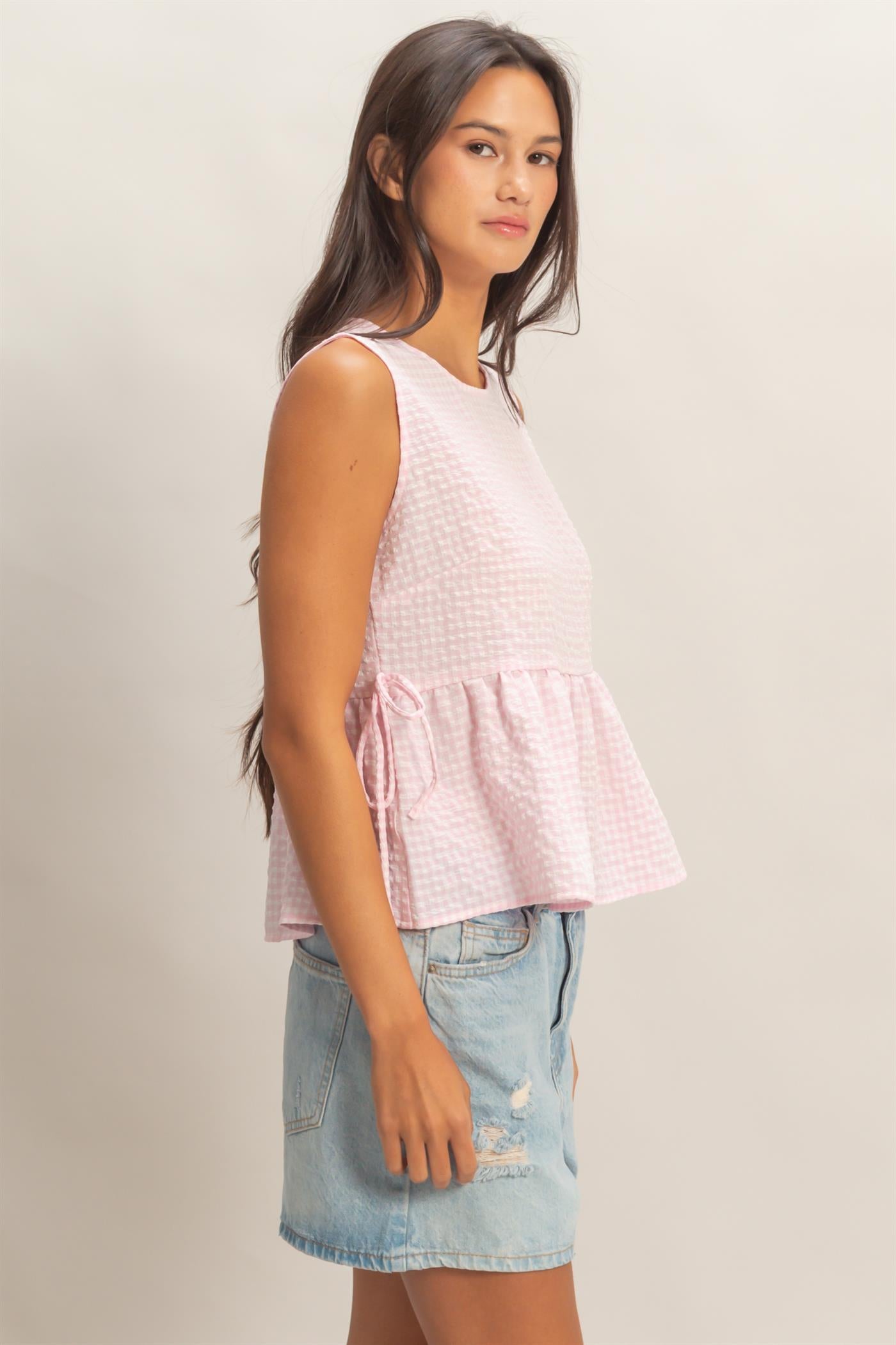 Wholesale Gingham Sleeveless Peplum Top With Side Ties Blouses DZ26C073 PINK HYFVE