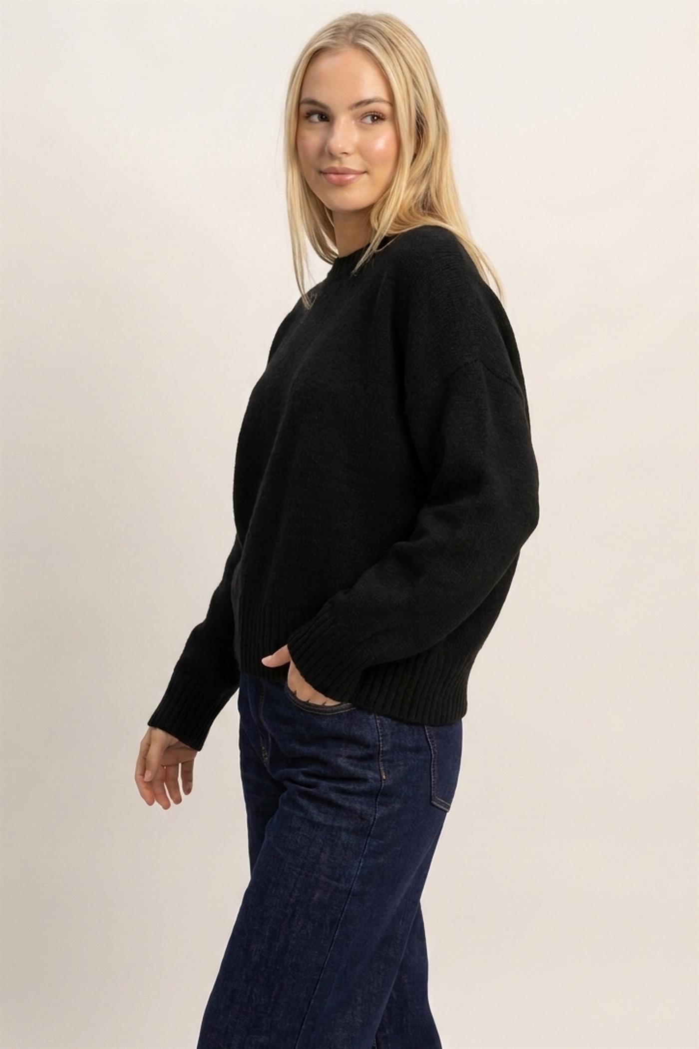 Wholesale Ribbed Crew Neck Sweater Sweaters HF26F179-D BLACK HYFVE