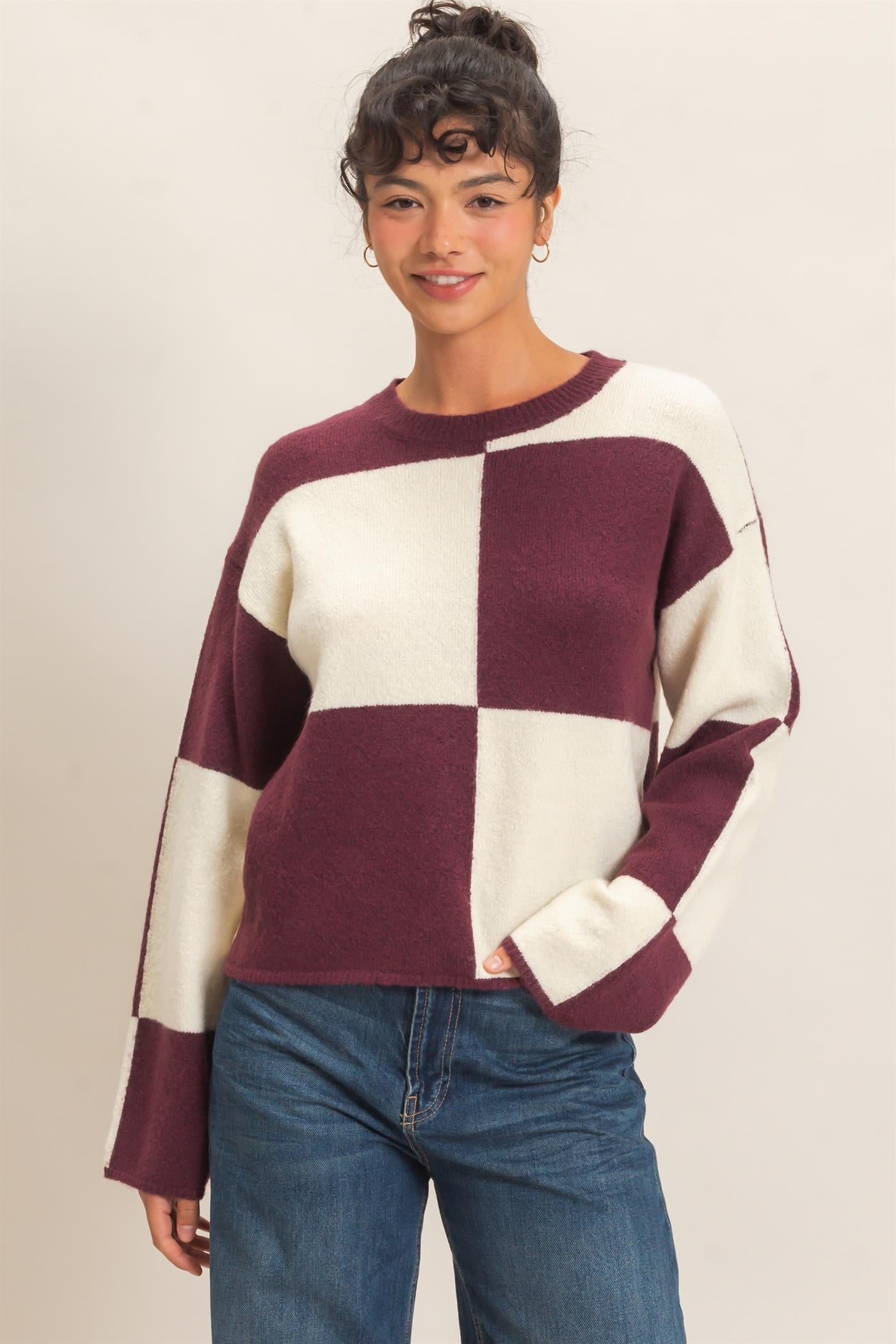 Wholesale Crew Neck Checkered Sweater Sweaters DZ26C980 DARK CHERRY DOUBLE ZERO