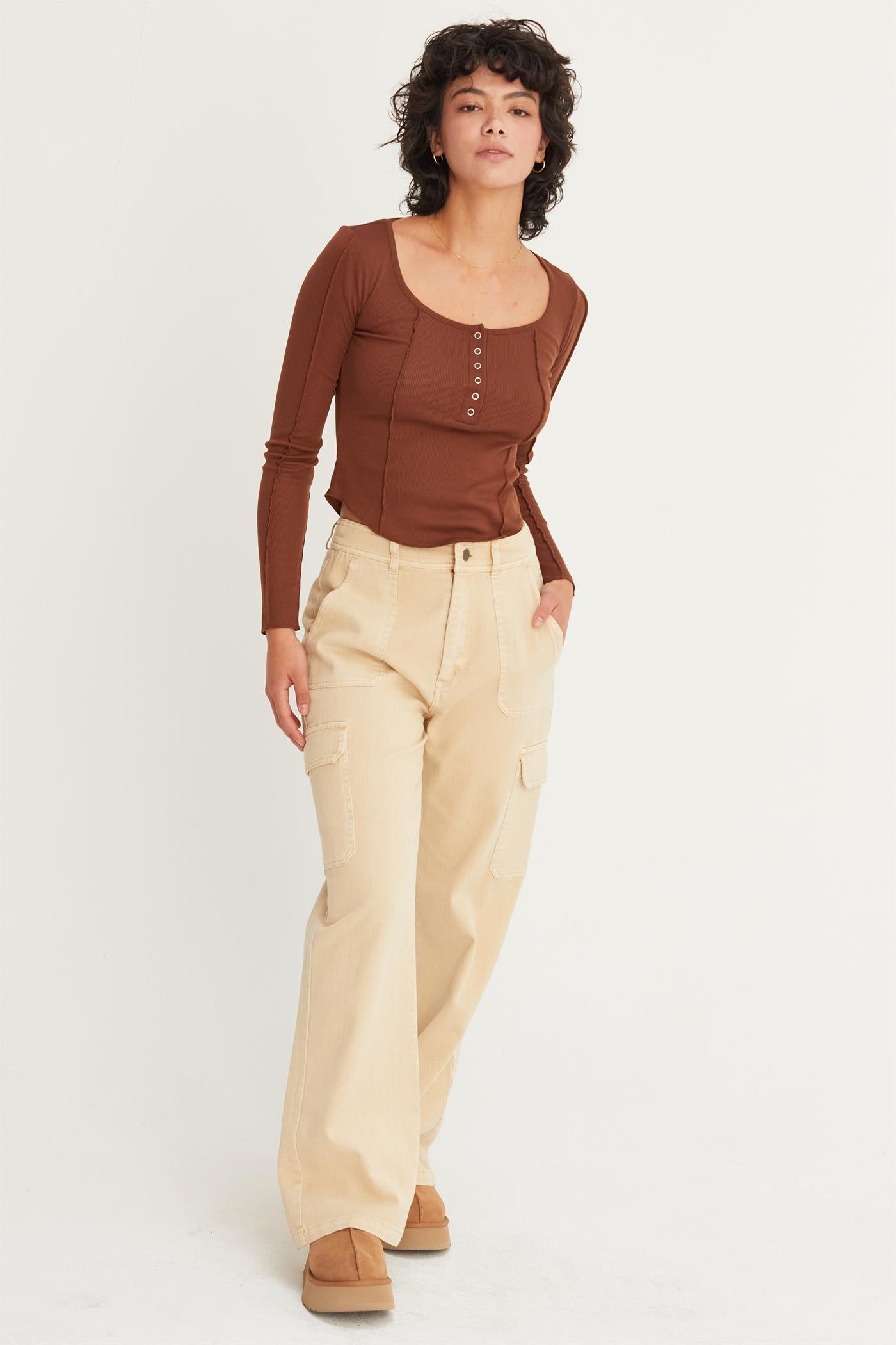 Wholesale Ribbed Long Sleeve Button Front Top Clothing Tops DZ25A025 CHESTNUT DOUBLE ZERO