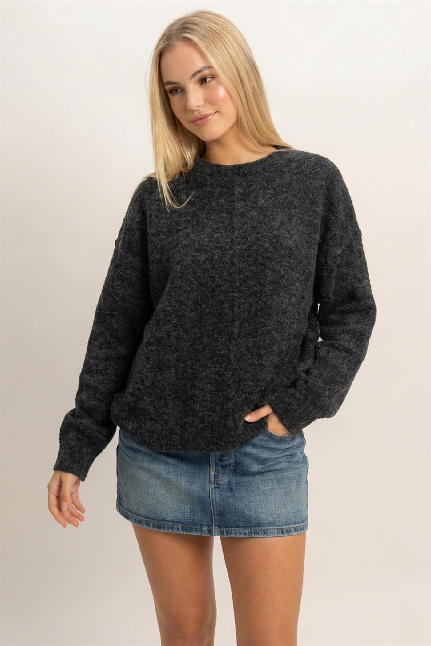 Wholesale Crew Neck Seam Detail Sweater Sweaters DZ26E240 BLACK DOUBLE ZERO