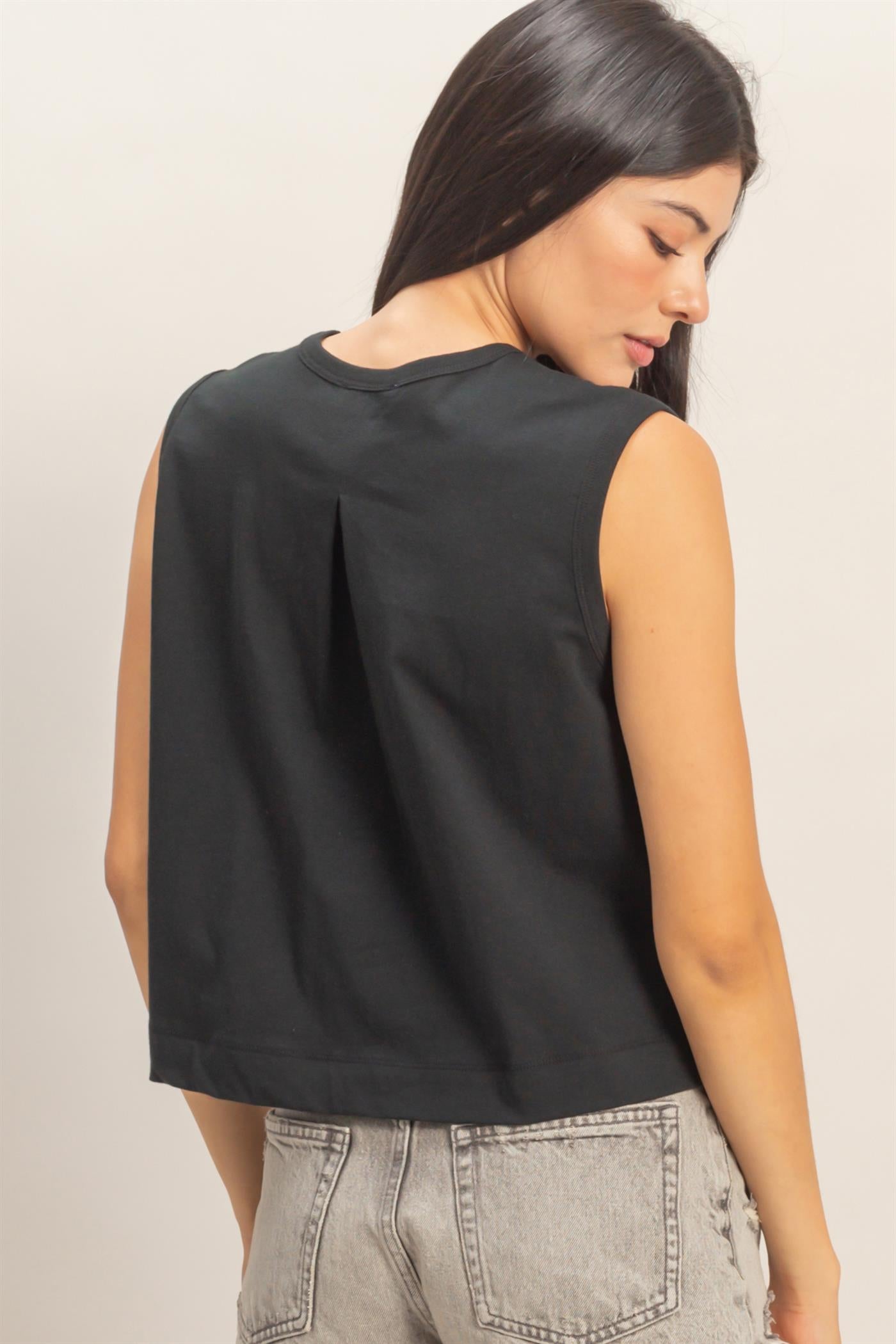 Wholesale Sleeveless Crew Neck Top With Back Pleats Clothing Tops DZ26A999 BLACK DOUBLE ZERO