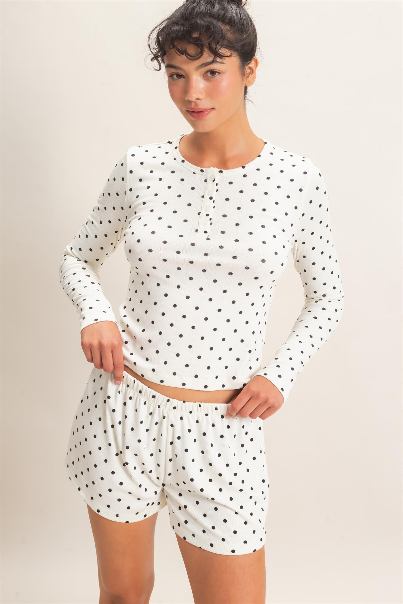 Wholesale Polka Dot Henley Long Sleeve Top & Shorts Set Clothing DZ27A154-SET CREAM DOUBLE ZERO