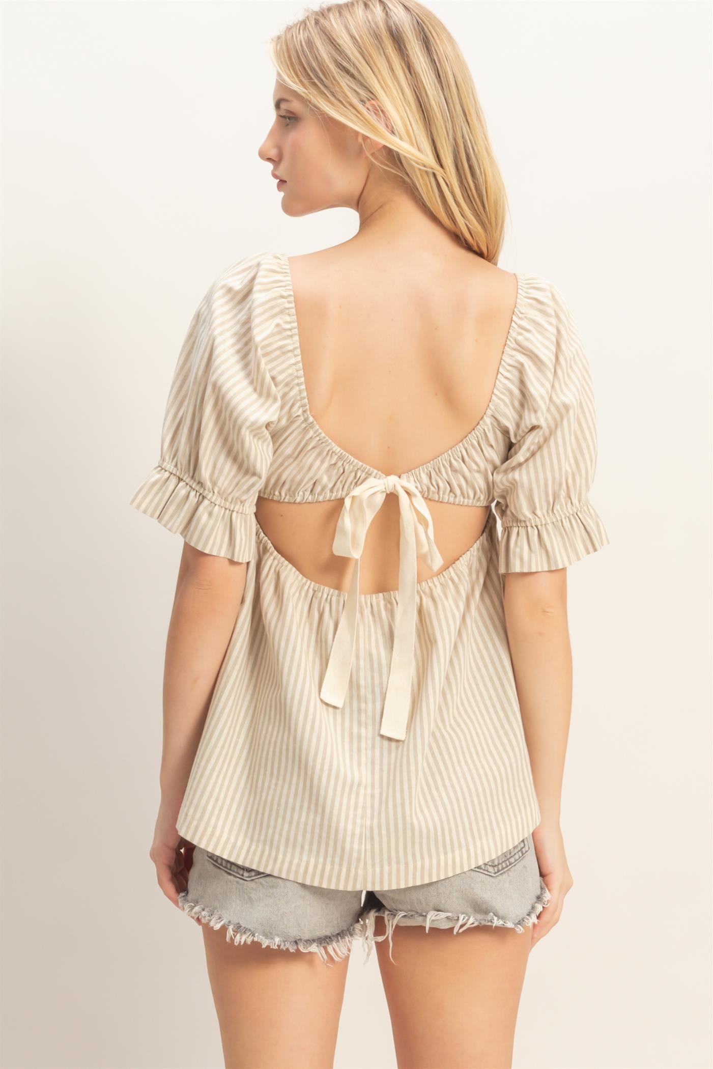 Wholesale Striped Square Neck Peplum Top Clothing Tops HF26E386 L.TAUPE HYFVE