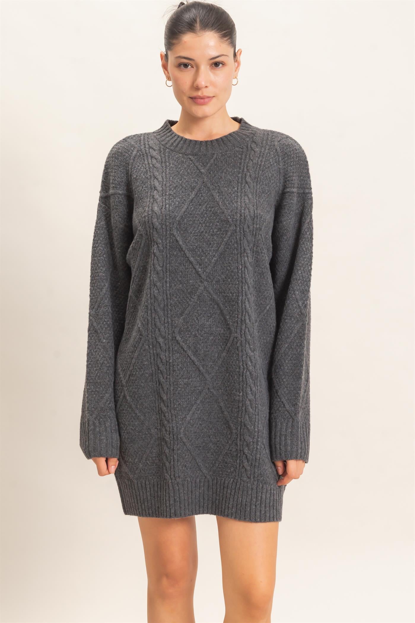 Wholesale Cable Knit Crew Neck Dress Dresses HF26F006 CHARCOAL HYFVE