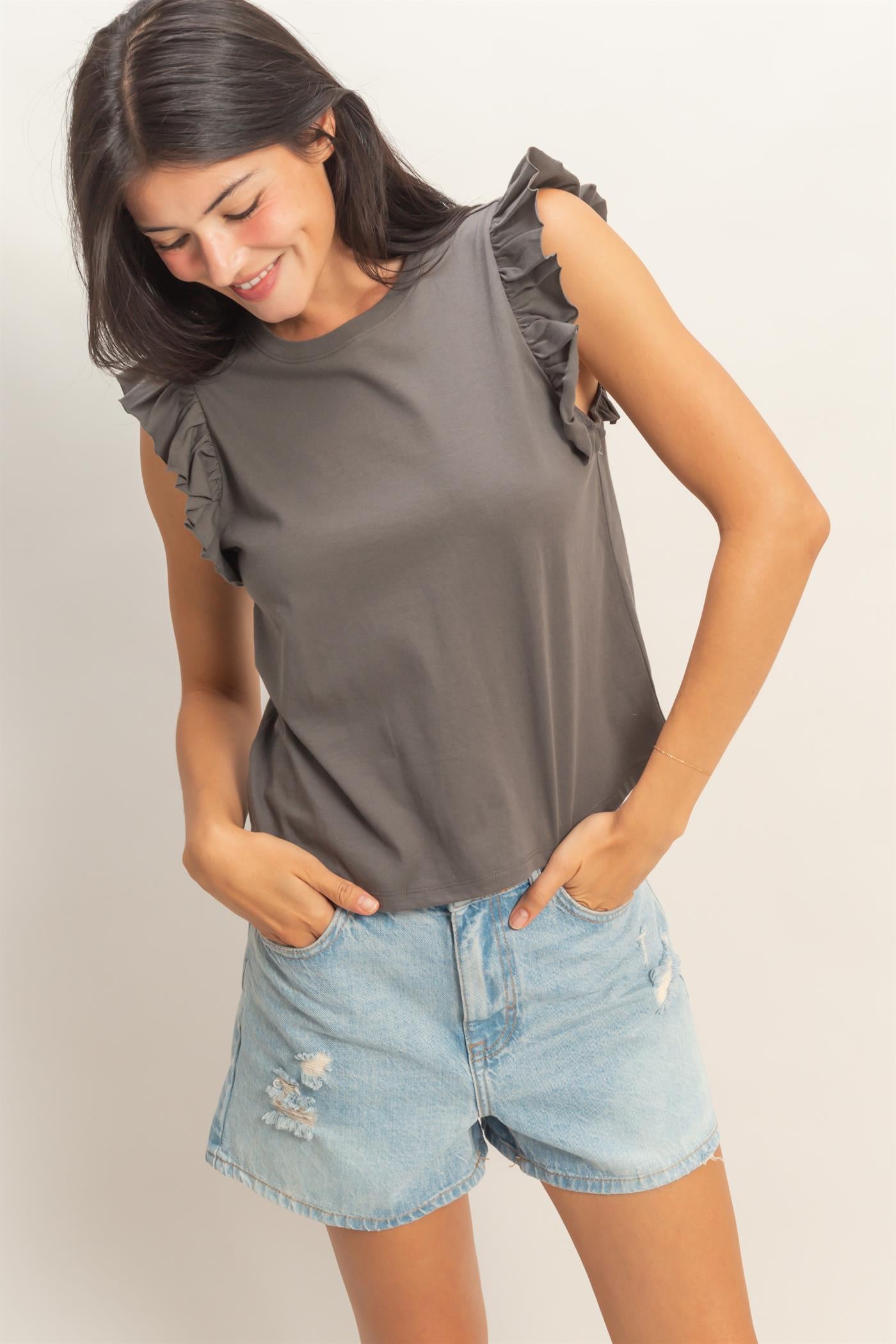 Wholesale Ruffle Cap Sleeve Crew Neck Top Clothing Tops DZ26C070 CHARCOAL DOUBLE ZERO