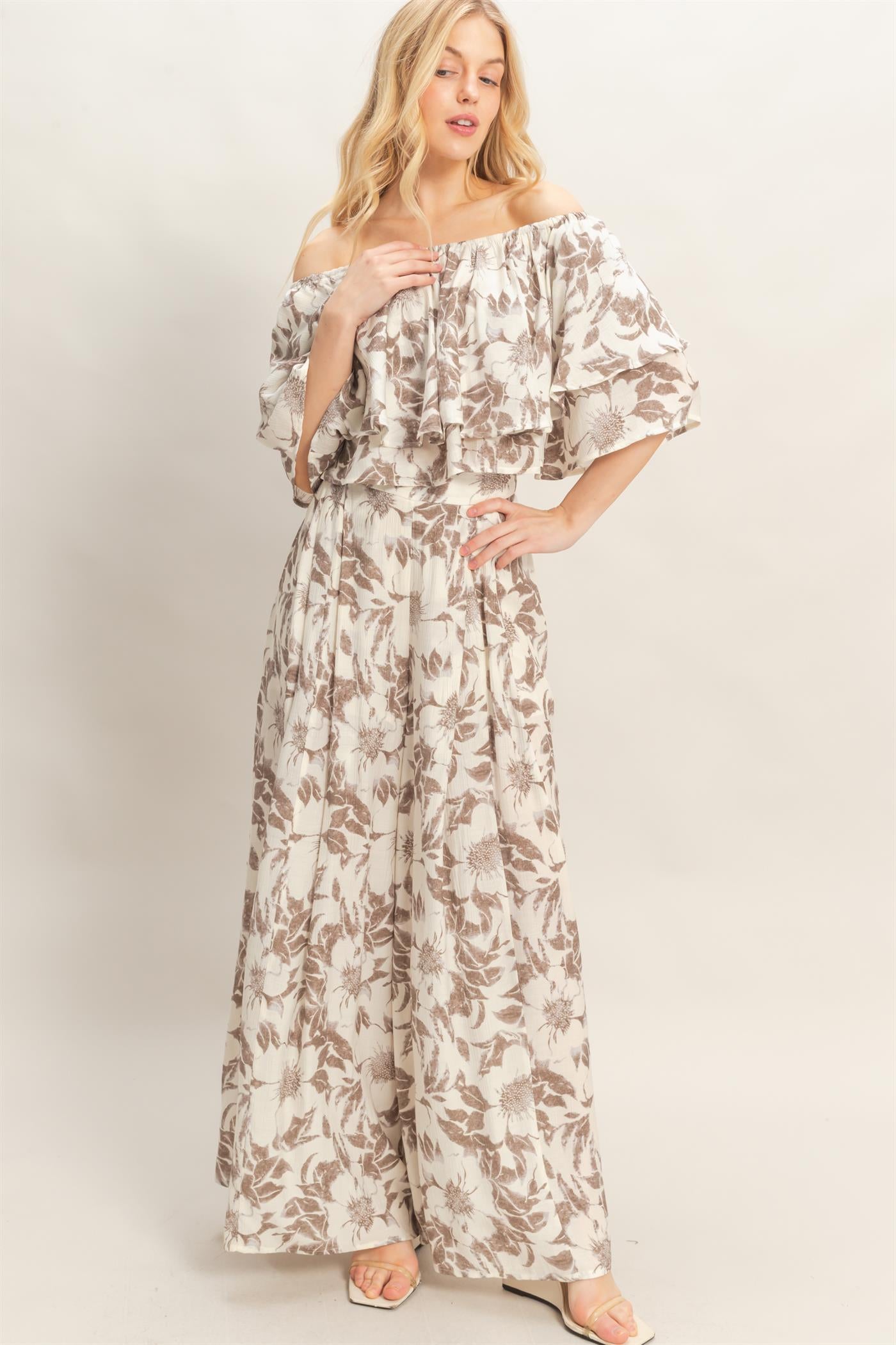 Wholesale Floral Off-Shoulder Top & Pants Set Clothing Tops HF26C832-SET CHARCOAL HYFVE