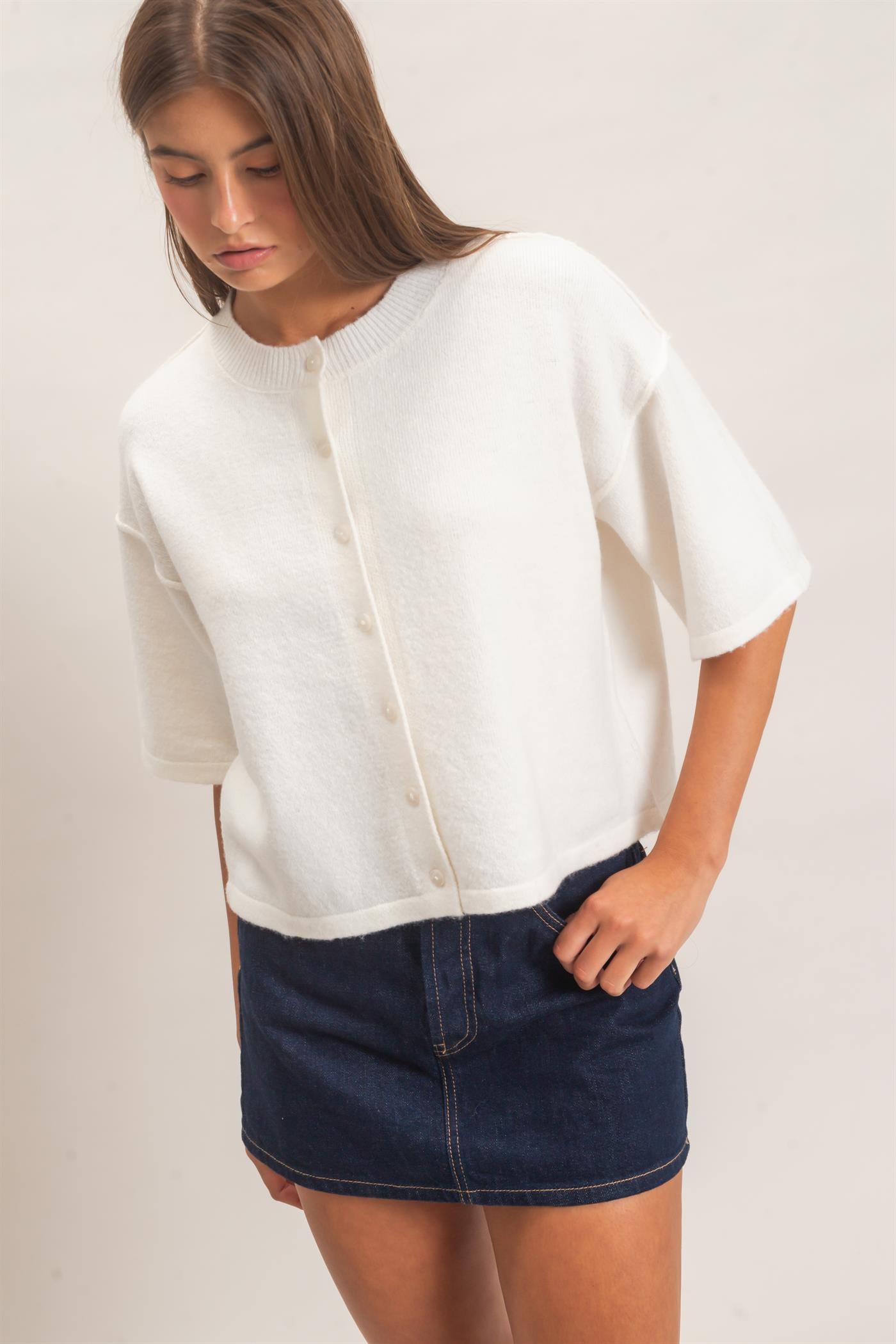 Wholesale Drop Shoulder Short Sleeve Cardigan Cardigans DZ26E238 WHIP CREAM DOUBLE ZERO