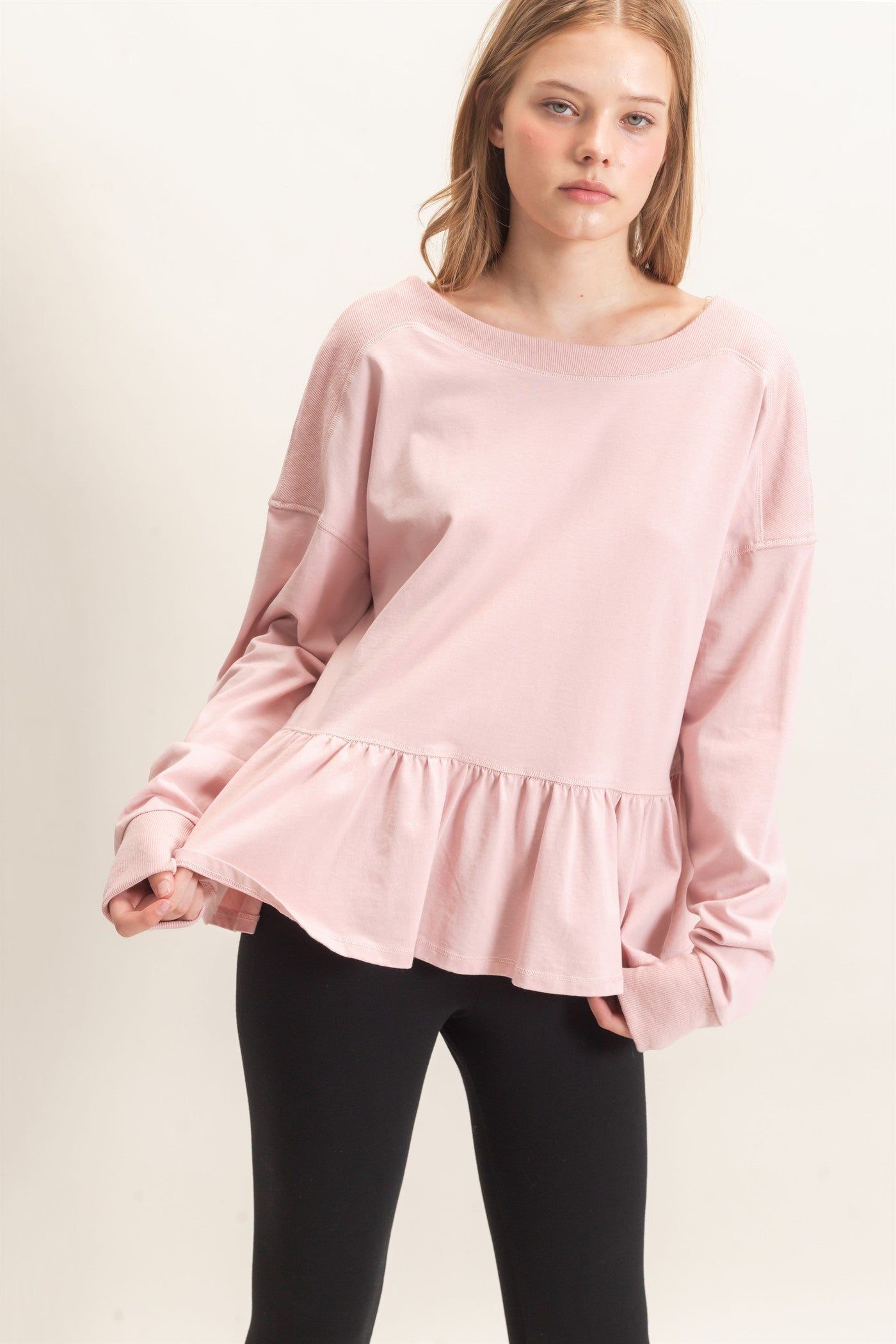 Wholesale Ruffled Hem Long Sleeve Top Clothing Tops HF26E065 PALE BLUSH HYFVE