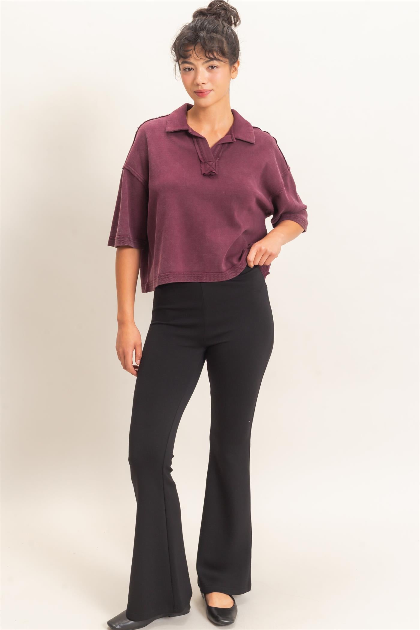 Wholesale Mineral Wash Oversized Collar Short Sleeve Top Clothing Tops DZ26E813 DARK CHERRY DOUBLE ZERO