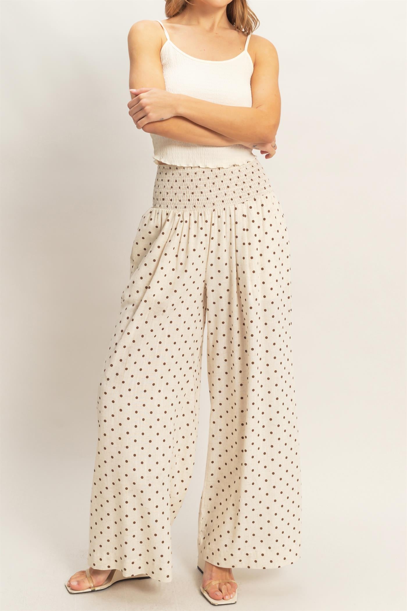 Wholesale Polka Dot Elastic Wide-Leg Pants Pants HF26C280 OATMEAL HYFVE