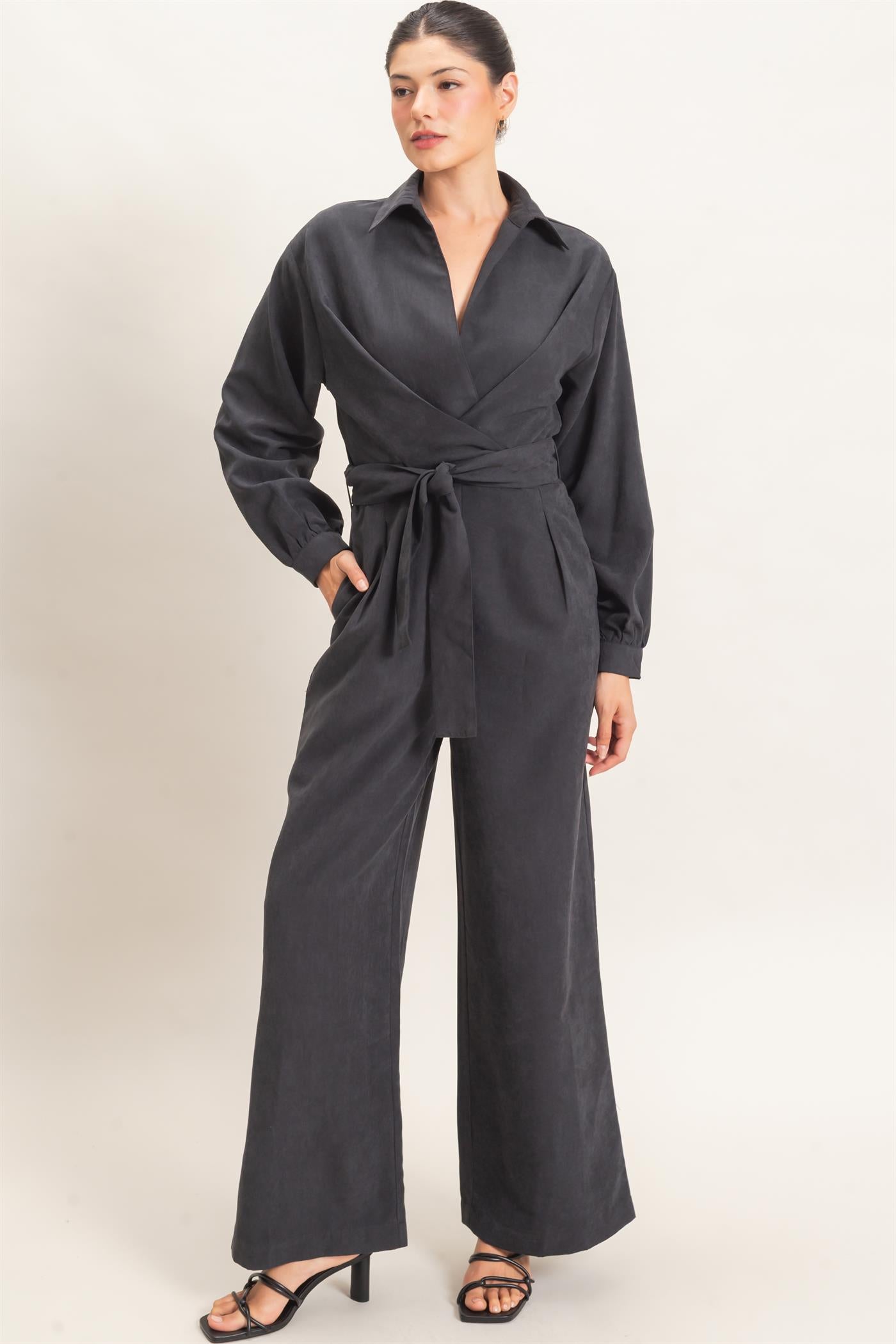 Wholesale Collared Wrap Suede Jumpsuit Clothing HF26C905 BLACK HYFVE