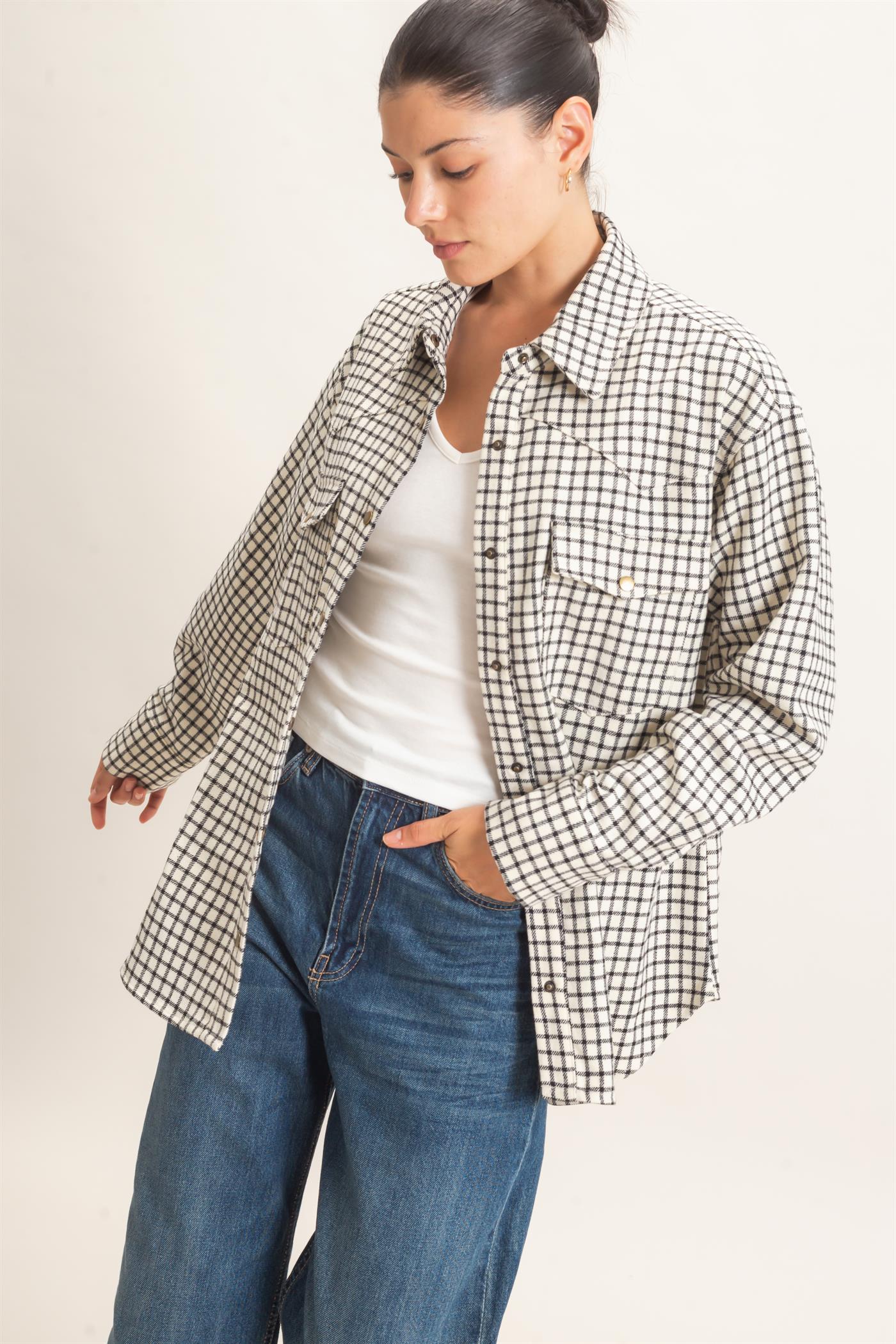 Wholesale Plaid Button-Up Shirt Clothing Tops HF25F450 WHITE HYFVE