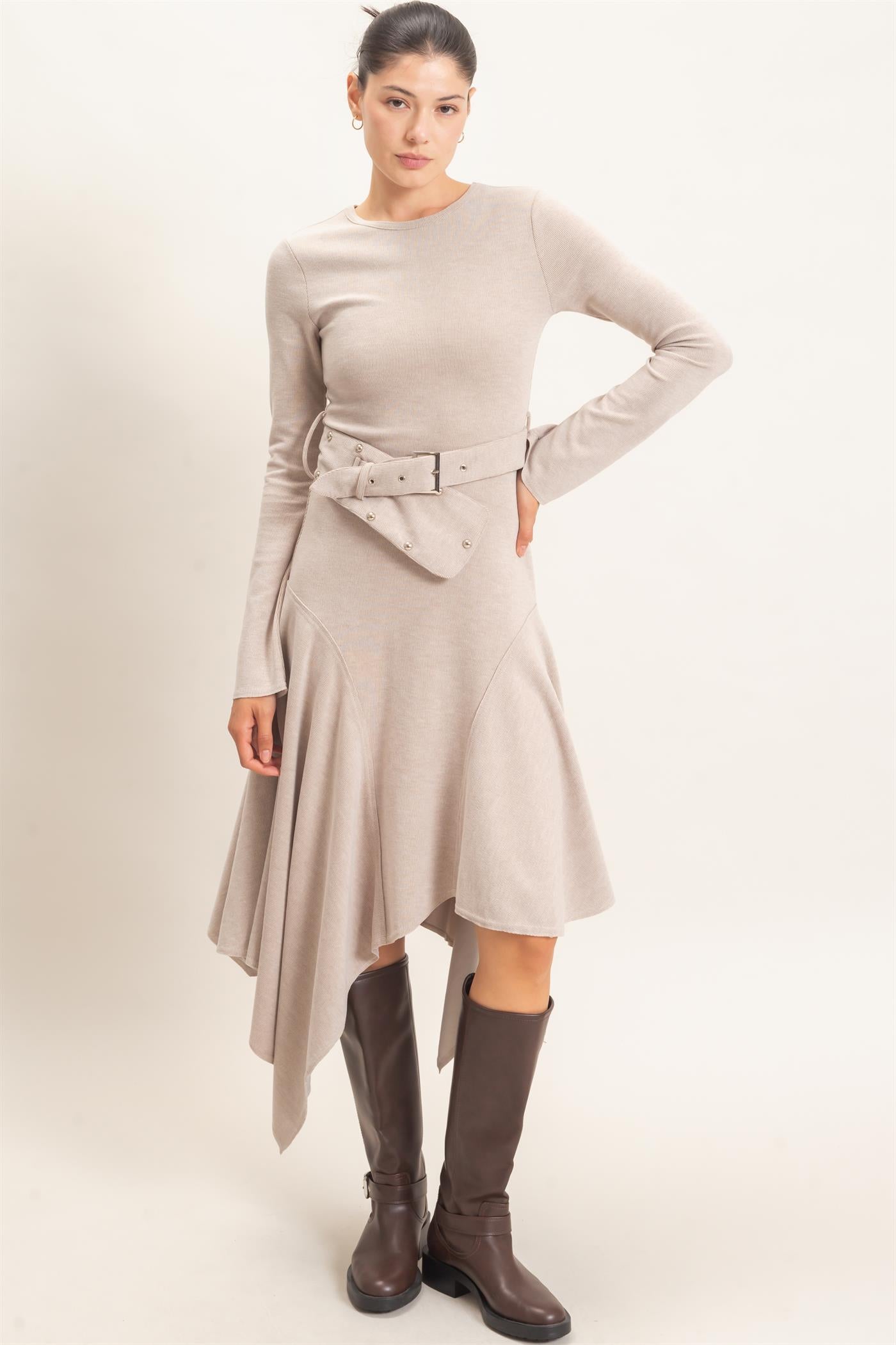 Wholesale Asymmetrical Knit Dress Dresses HF26E992 BEIGE HYFVE