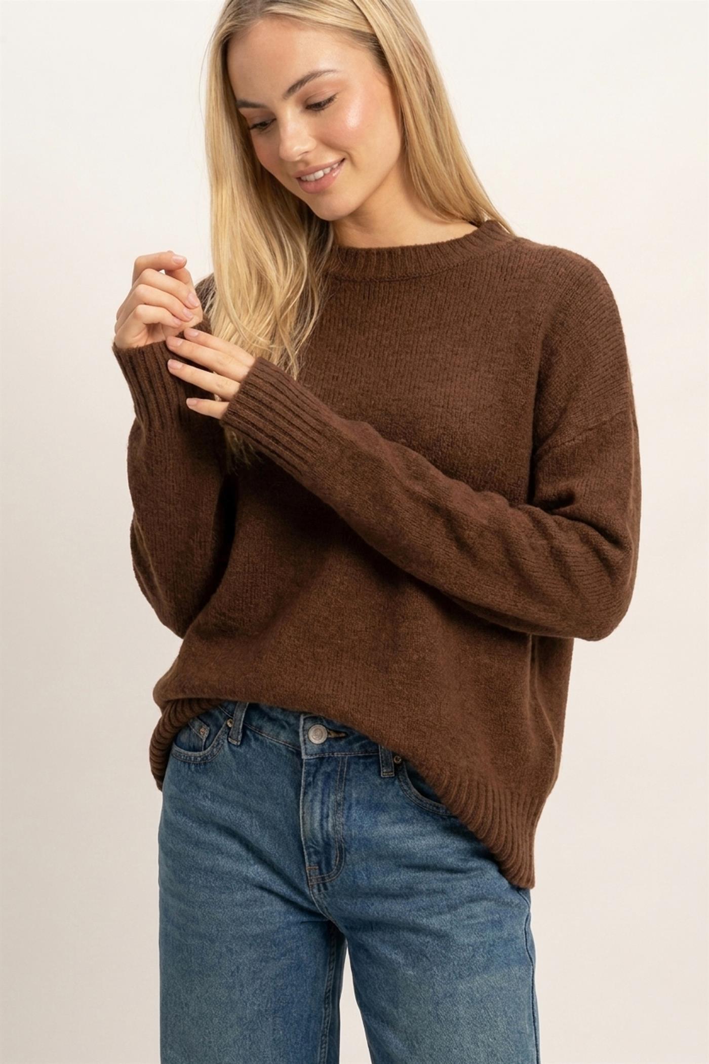 Wholesale Ribbed Crew Neck Sweater Sweaters HF26F179-D BROWN HYFVE