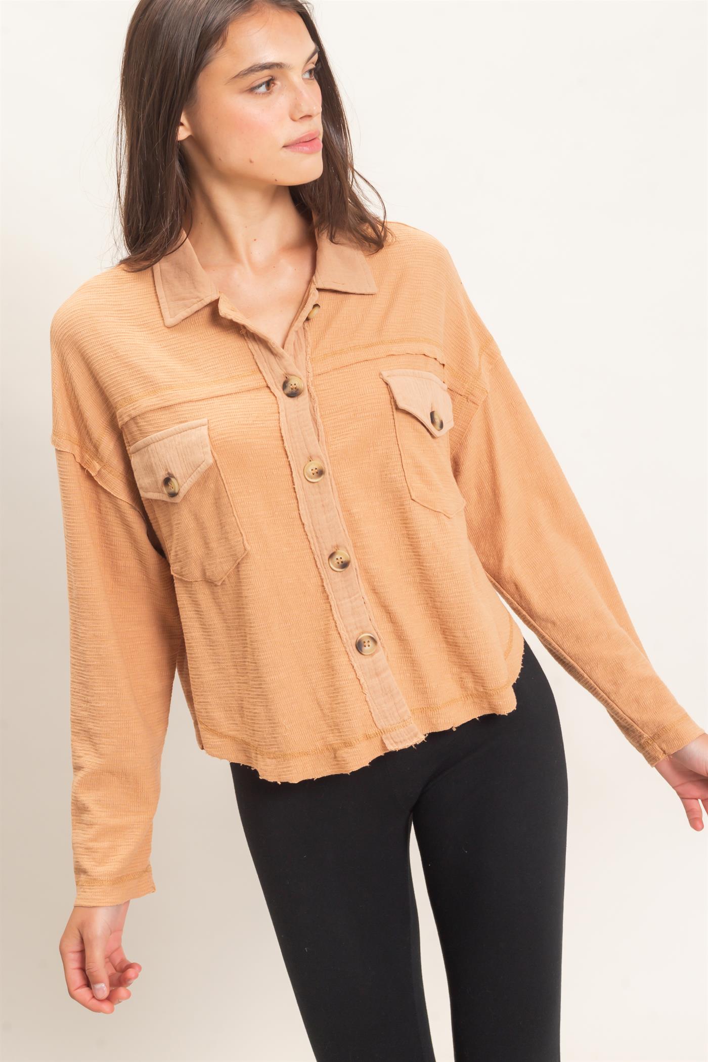 Wholesale Textured Button-Up Shirt Clothing Tops HF26C878 LIGHT BROWN HYFVE