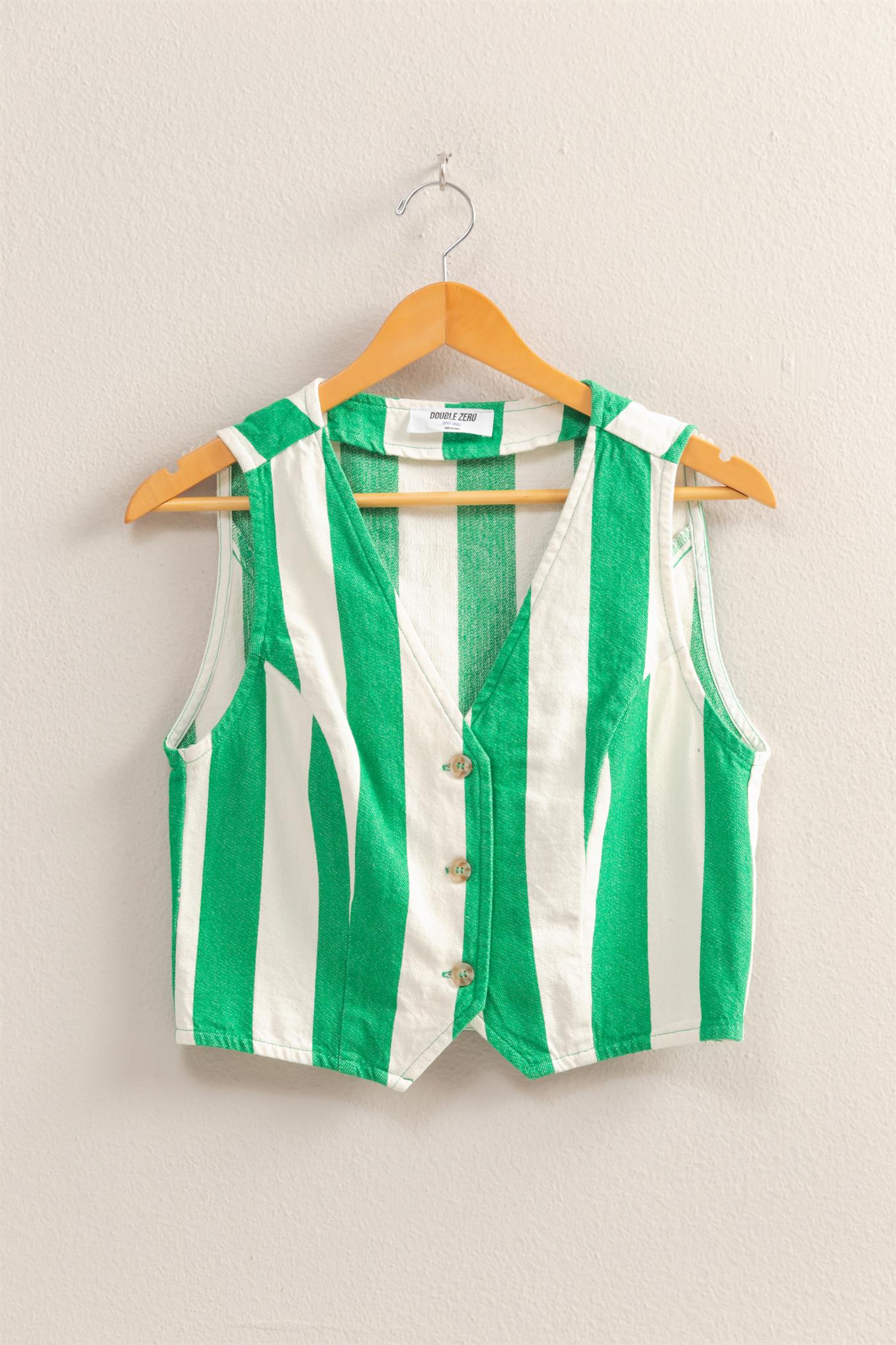 Wholesale Woven Striped V-Neck Sleeveless Vest Vests DZ25A806 GREEN/CREAM DOUBLE ZERO
