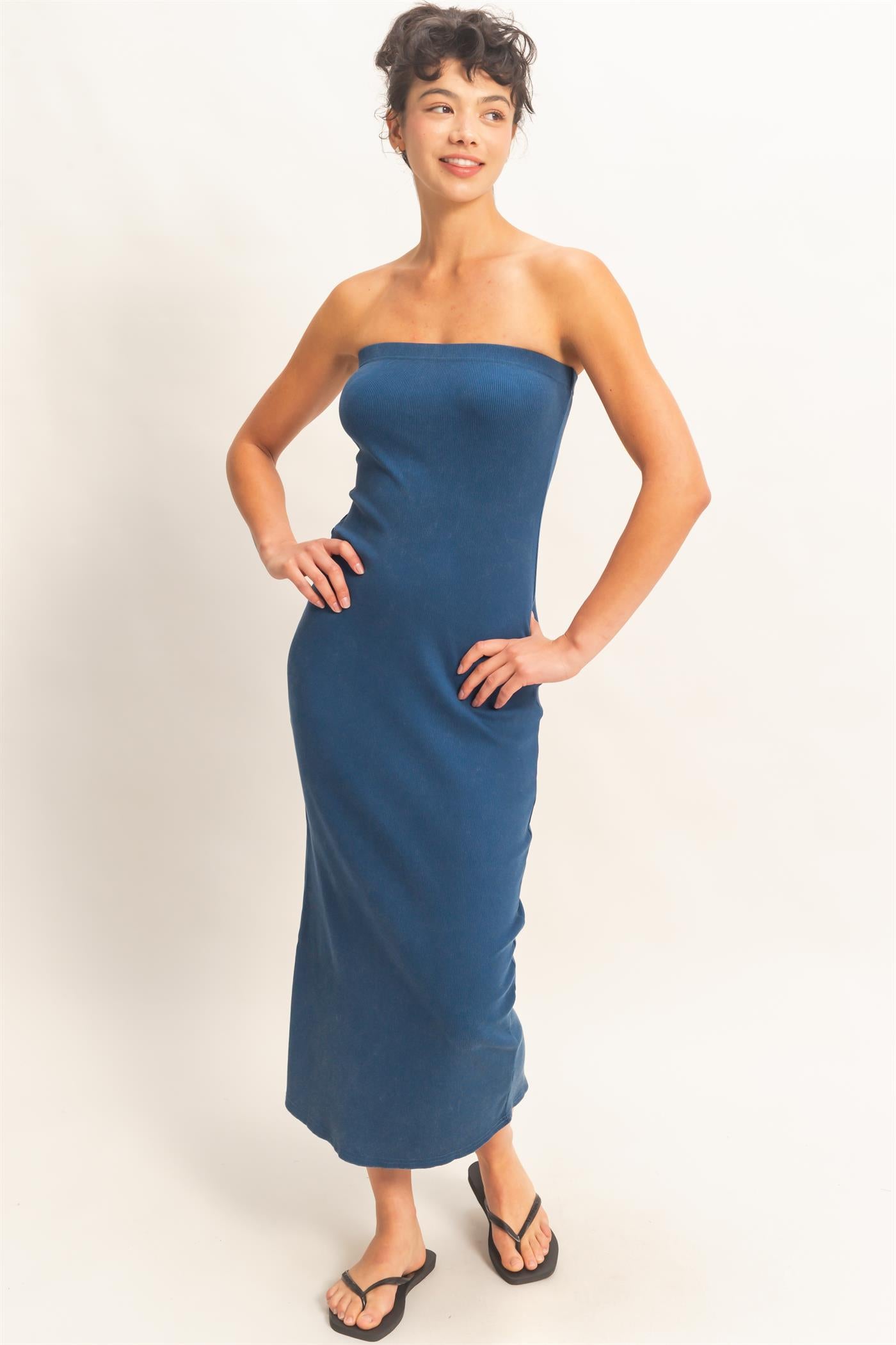 Wholesale Acid Washed Ribbed Midi Tube Dress Dresses DZ26C620 NAVY DOUBLE ZERO