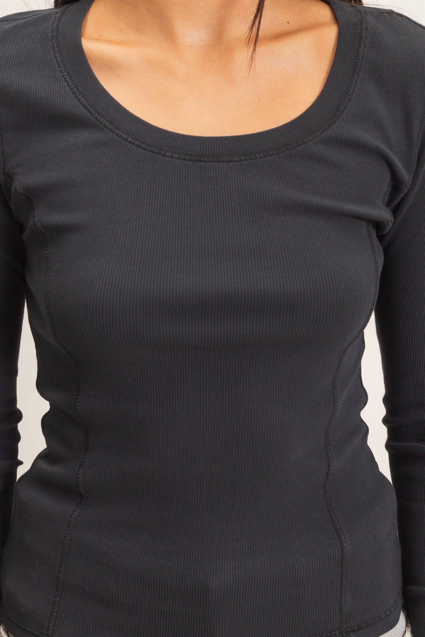Wholesale Pigment Dye Seam Detail Scoop Neck Top Clothing Tops DZ26E242 BLACK DOUBLE ZERO