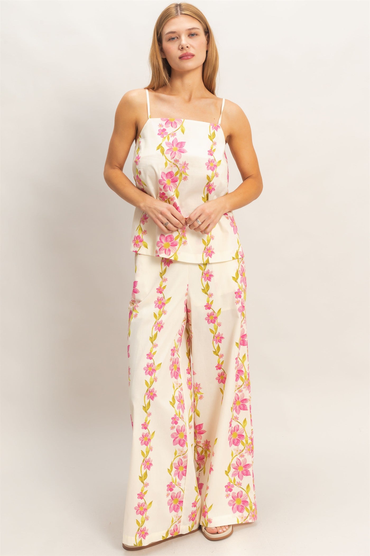 Wholesale Floral Spaghetti Strap Top & Pants Set Clothing HF26C569-SET PINK HYFVE