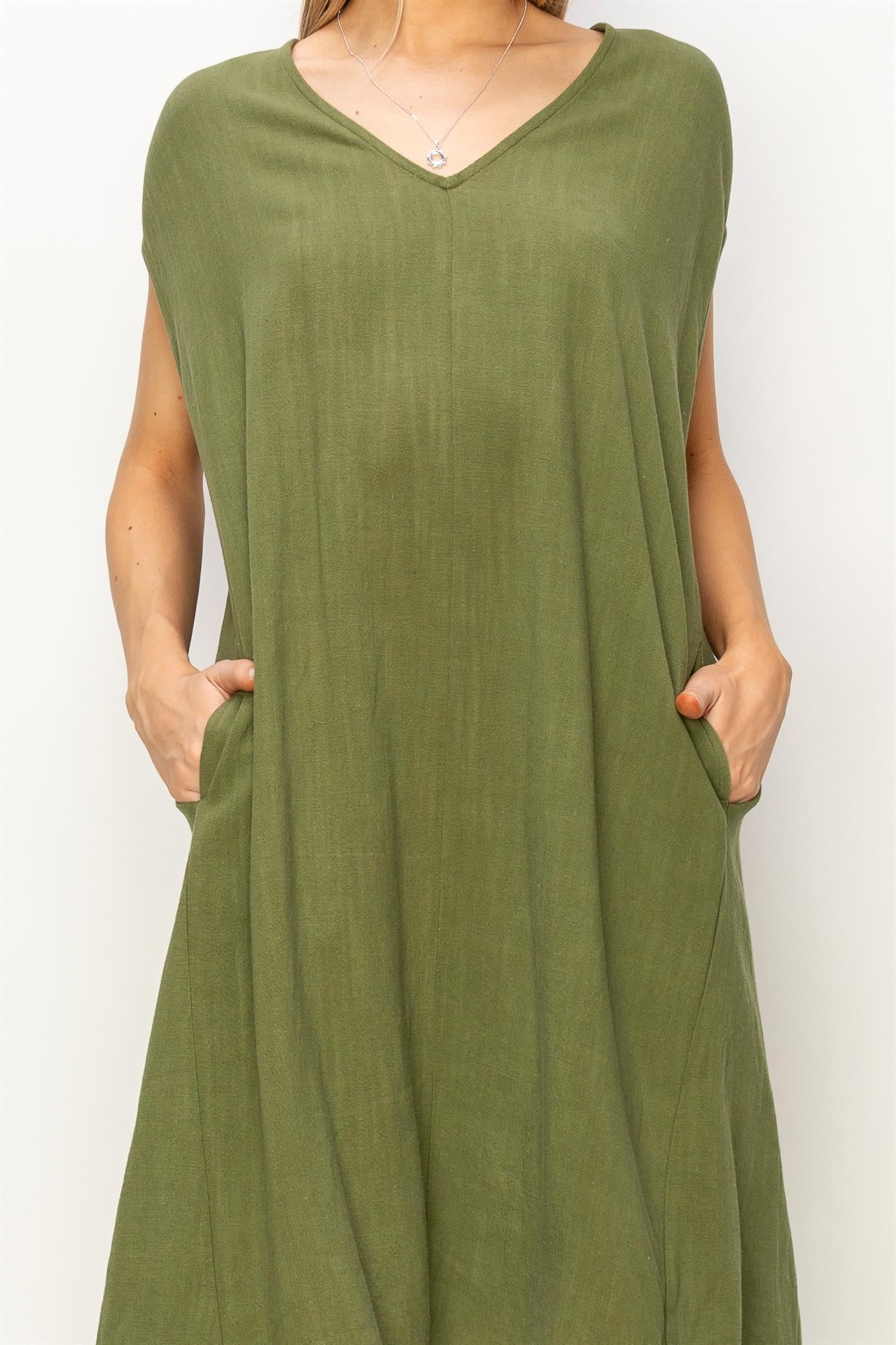 Wholesale V-Neck Oversized Linen Midi Dress Dresses DZ23E033-D MOSS DOUBLE ZERO