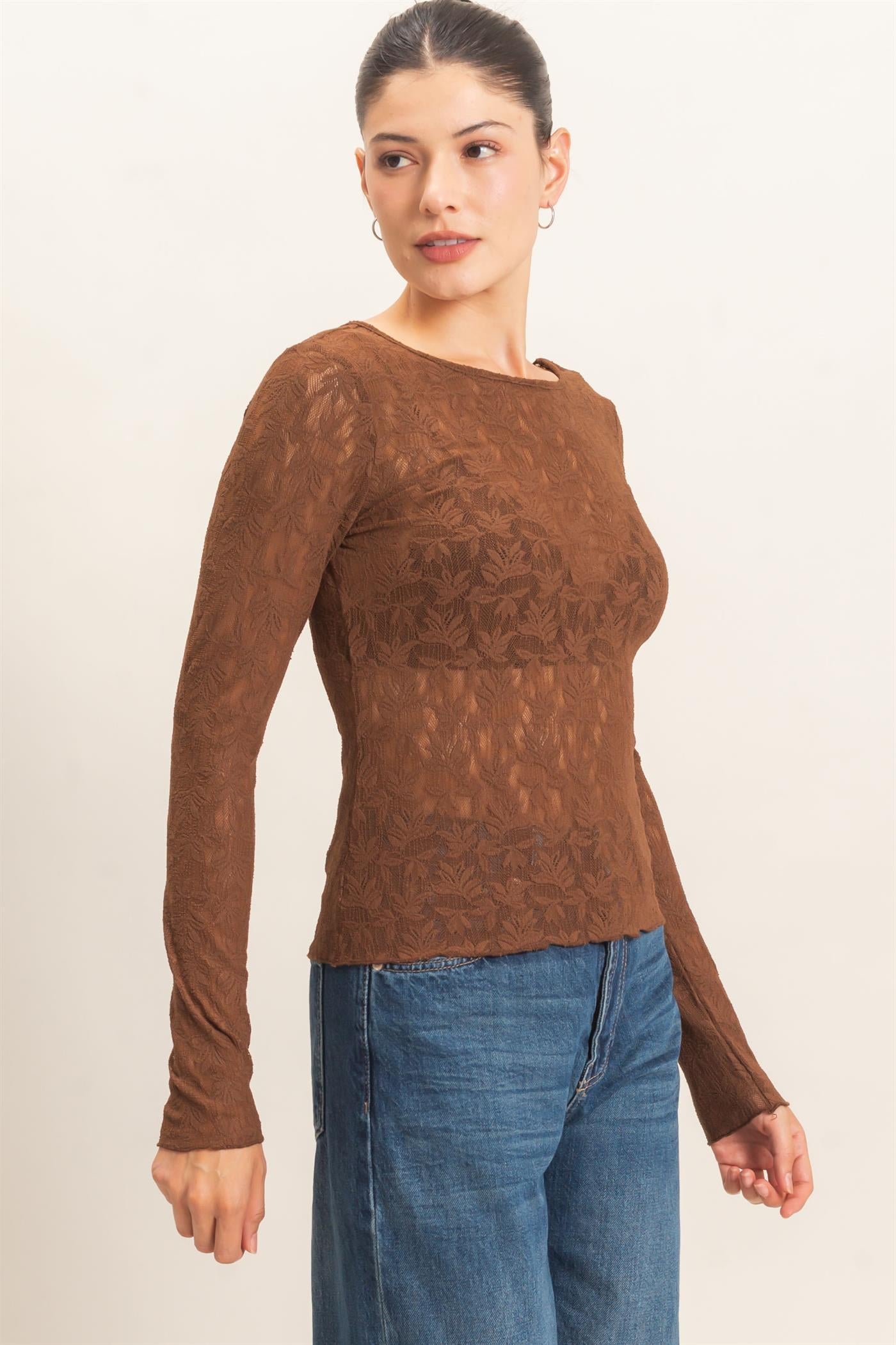 Wholesale Floral Lace Long Sleeve Top Clothing Tops HF26E309 BROWN HYFVE