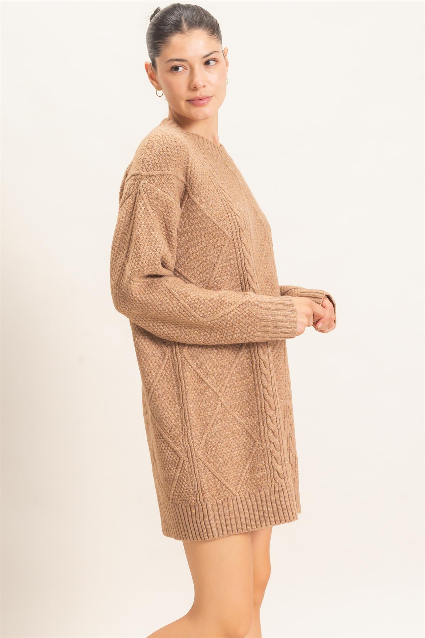 Wholesale Cable Knit Crew Neck Dress Dresses HF26F006 TAUPE HYFVE