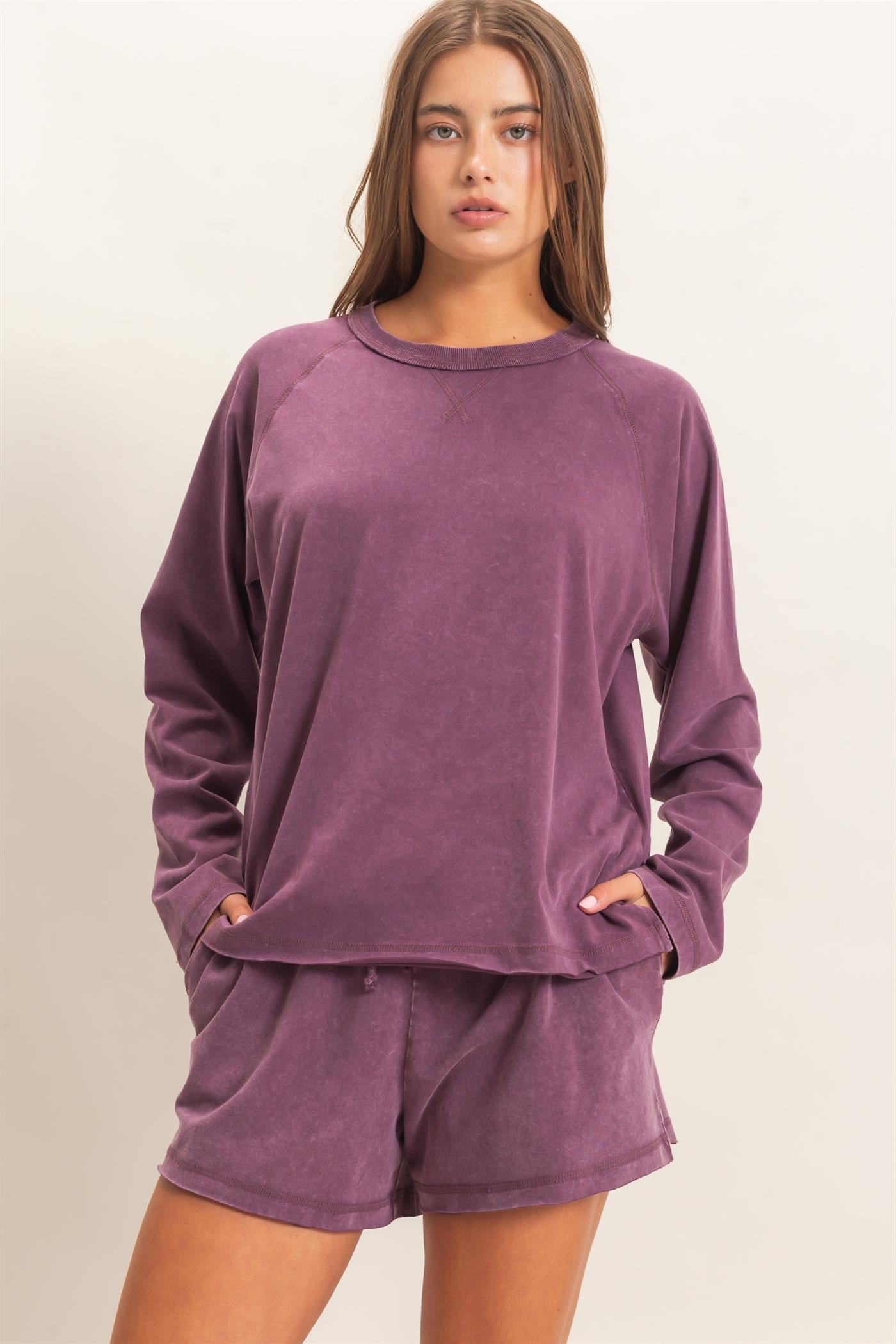 Wholesale Mineral Wash Long Sleeve Raw Edge Top & Shorts Set Clothing DZ26F403-SET DARK CHERRY DOUBLE ZERO