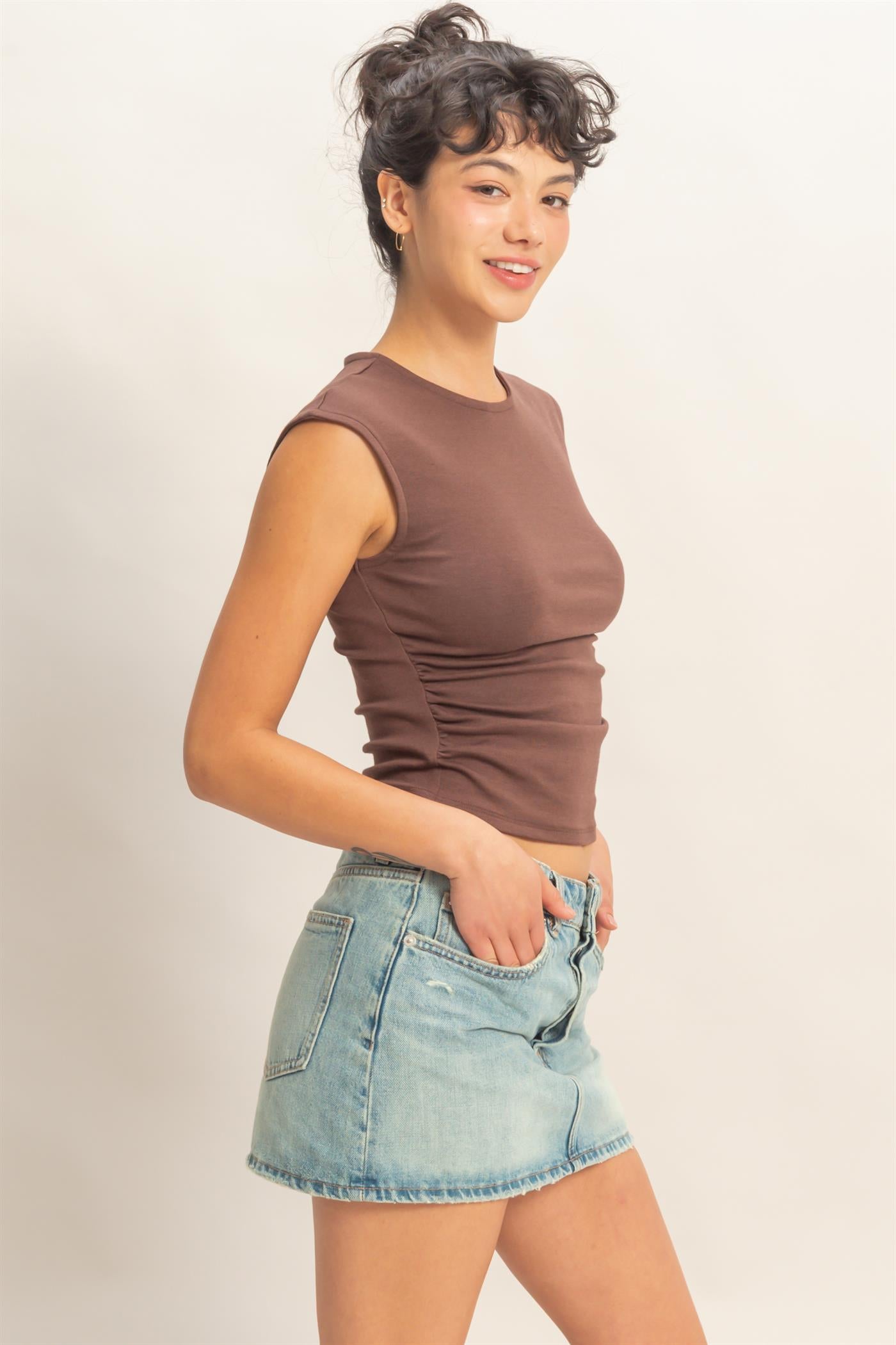 Wholesale Ruched Waist Cap Sleeve Top Clothing Tops DZ26A889 CHOCOLATE DOUBLE ZERO