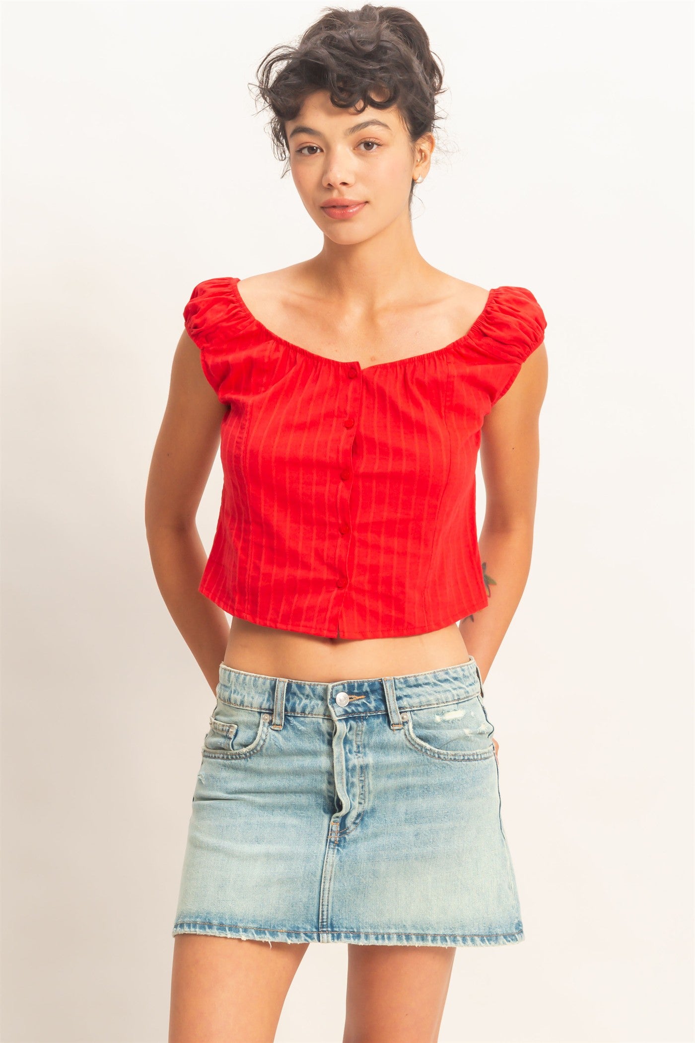 Wholesale Button Front Scoop Neck Cap Sleeve Top Blouses DZ26C199 RED DOUBLE ZERO