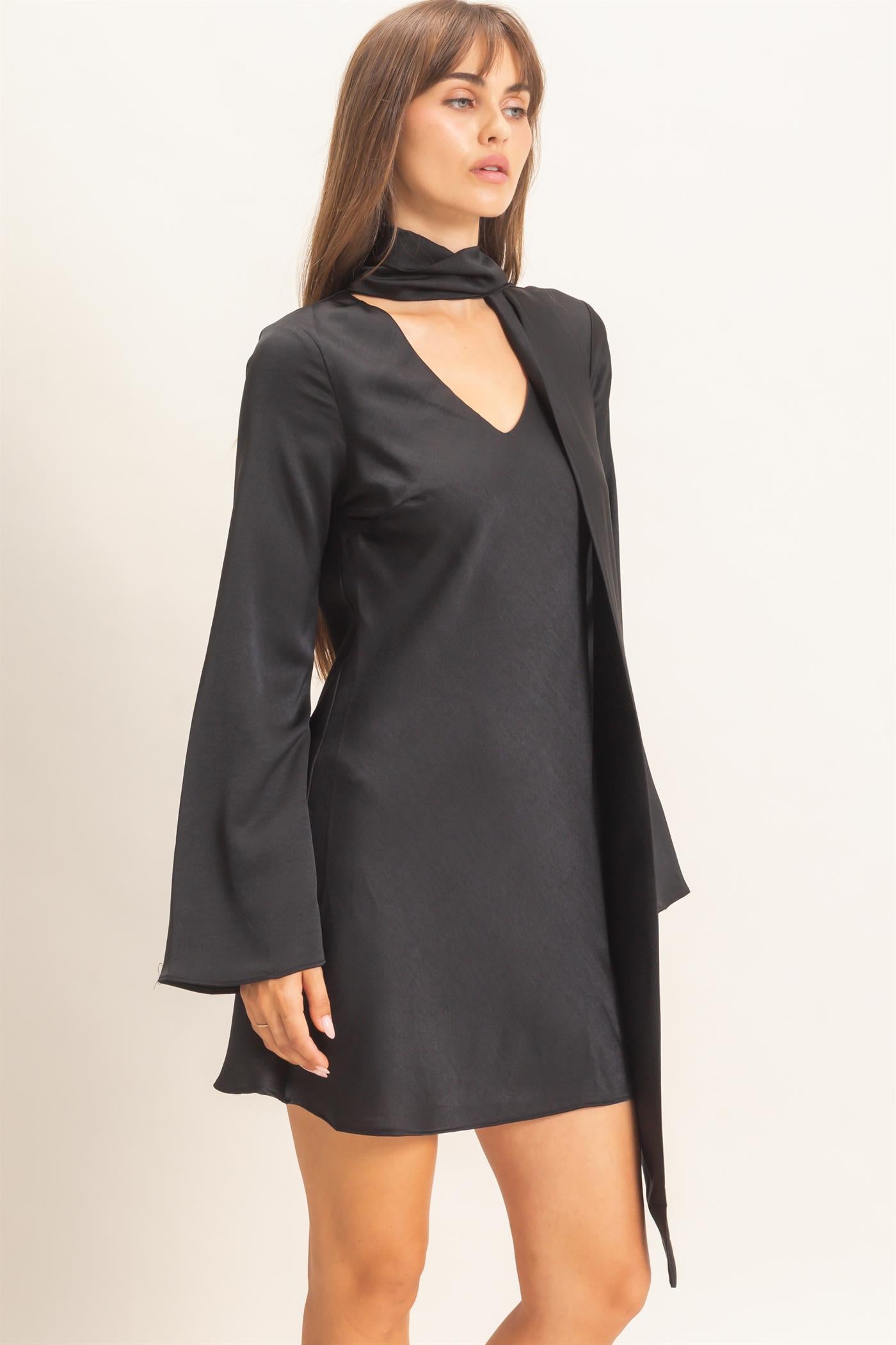 Wholesale Bias Satin Dress With Scarf Dresses HF26E928 BLACK HYFVE