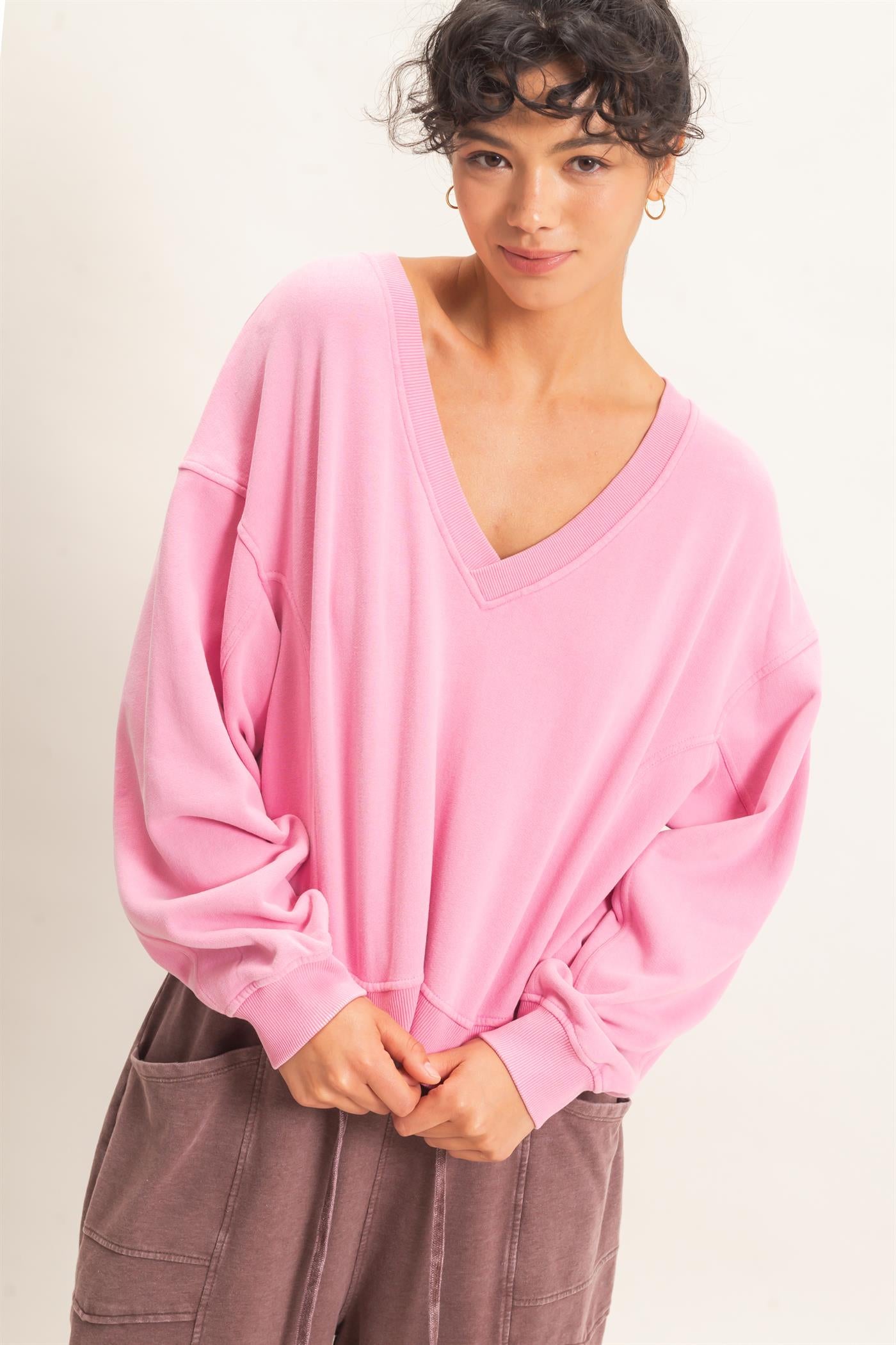 Wholesale Snow Wash V-Neck Sweatshirt Sweatshirts DZ26C844 PINK DOUBLE ZERO