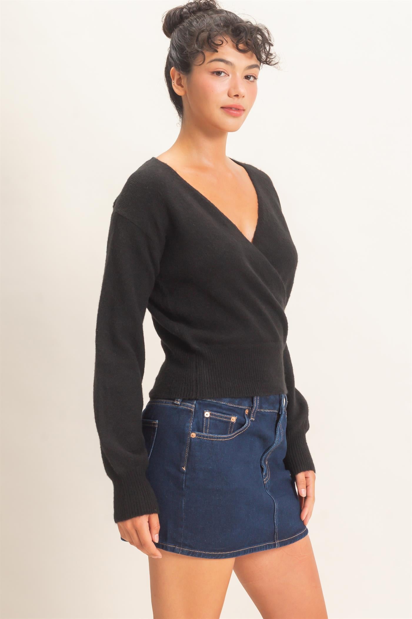 Wholesale Wrap V Neck Sweater Sweaters DZ26E948 BLACK DOUBLE ZERO