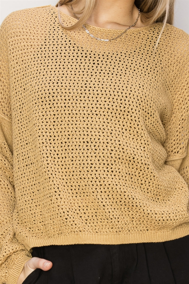 Wholesale Open Knit Drop Shoulder Sweater Clothing Tops DZ24C033 SAND DOUBLE ZERO
