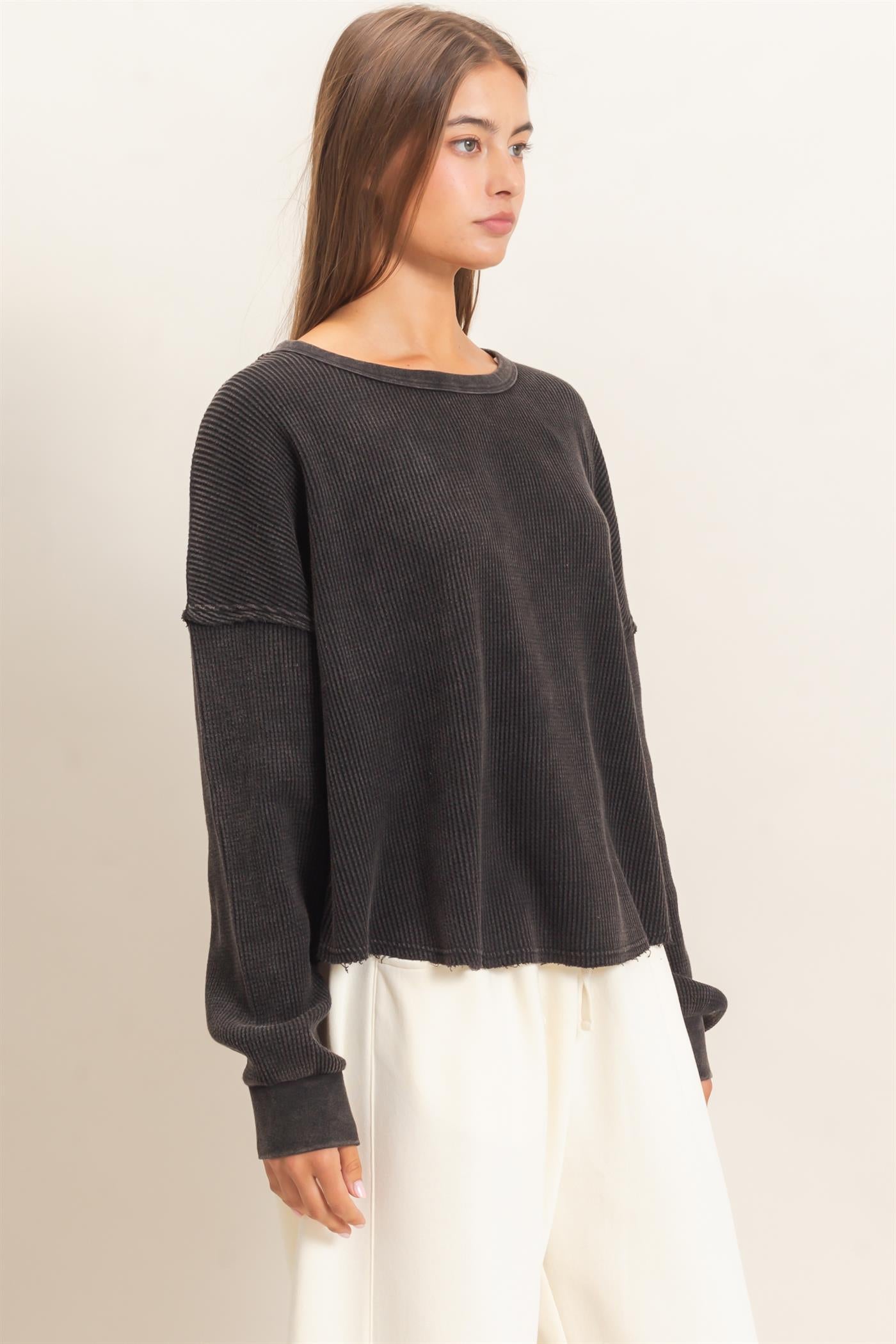 Wholesale Mineral Wash Waffle Oversized Top Clothing Tops DZ26E248 BLACK DOUBLE ZERO