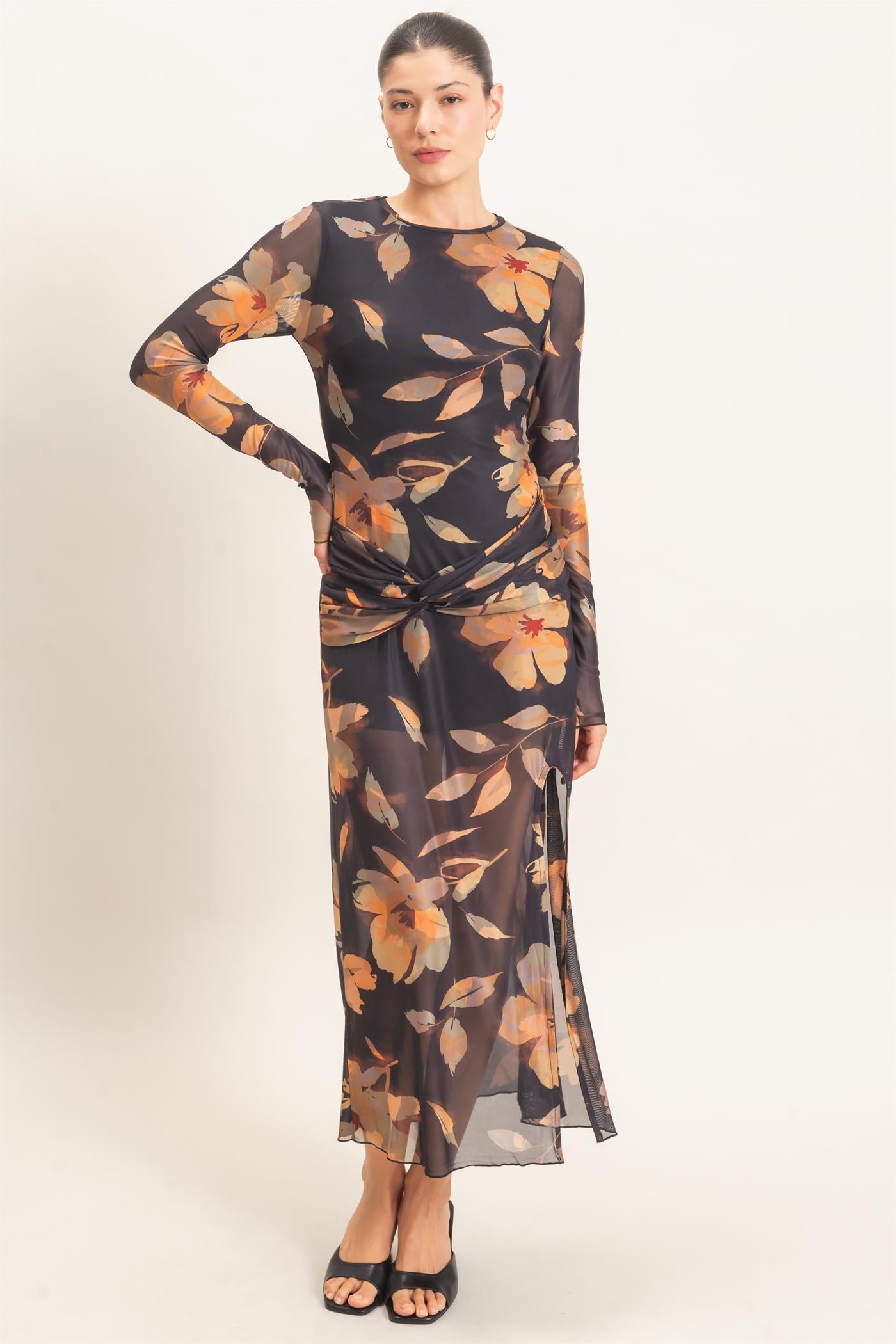 Wholesale Floral Mesh Knit Dress Dresses HF26E307 BLACK HYFVE