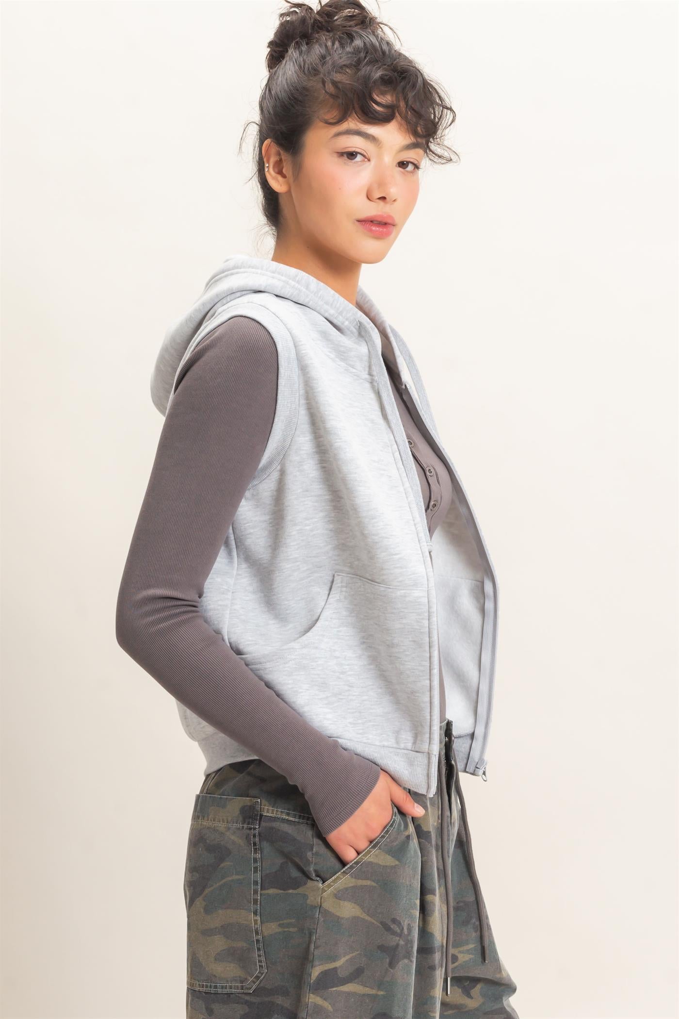 Wholesale Sleeveless Zip Up Hoodie Hoodies DZ26E330 HEATHER GRAY DOUBLE ZERO