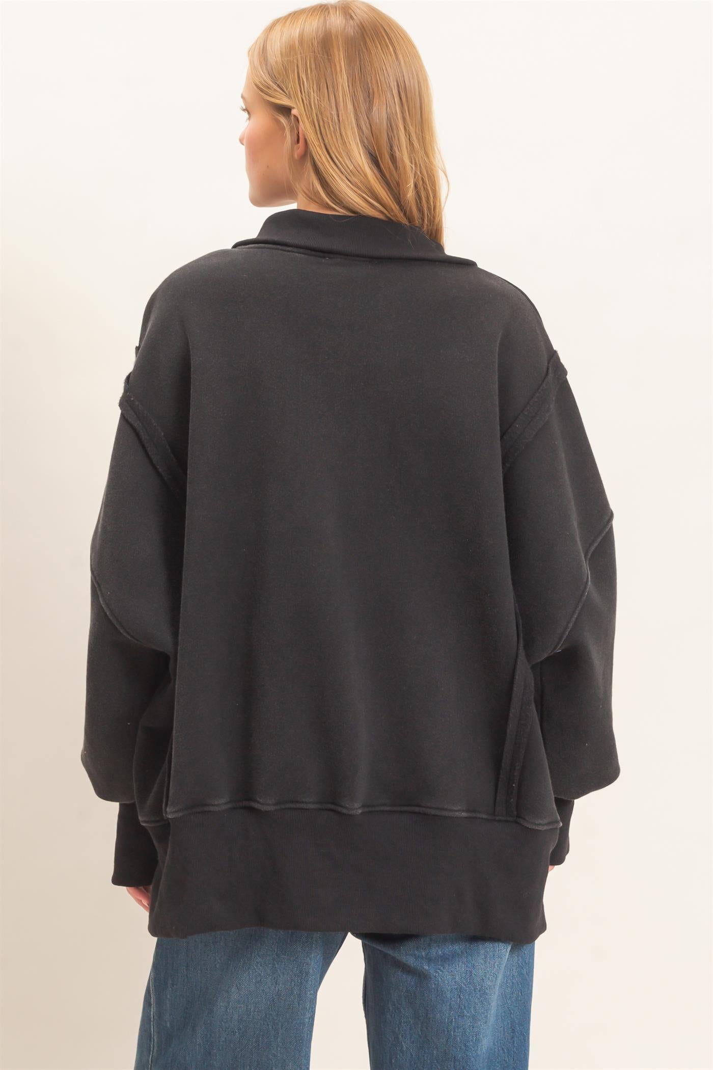 Wholesale Mineral Wash Snap Collar Pullover Clothing Tops HF26F086-D BLACK HYFVE