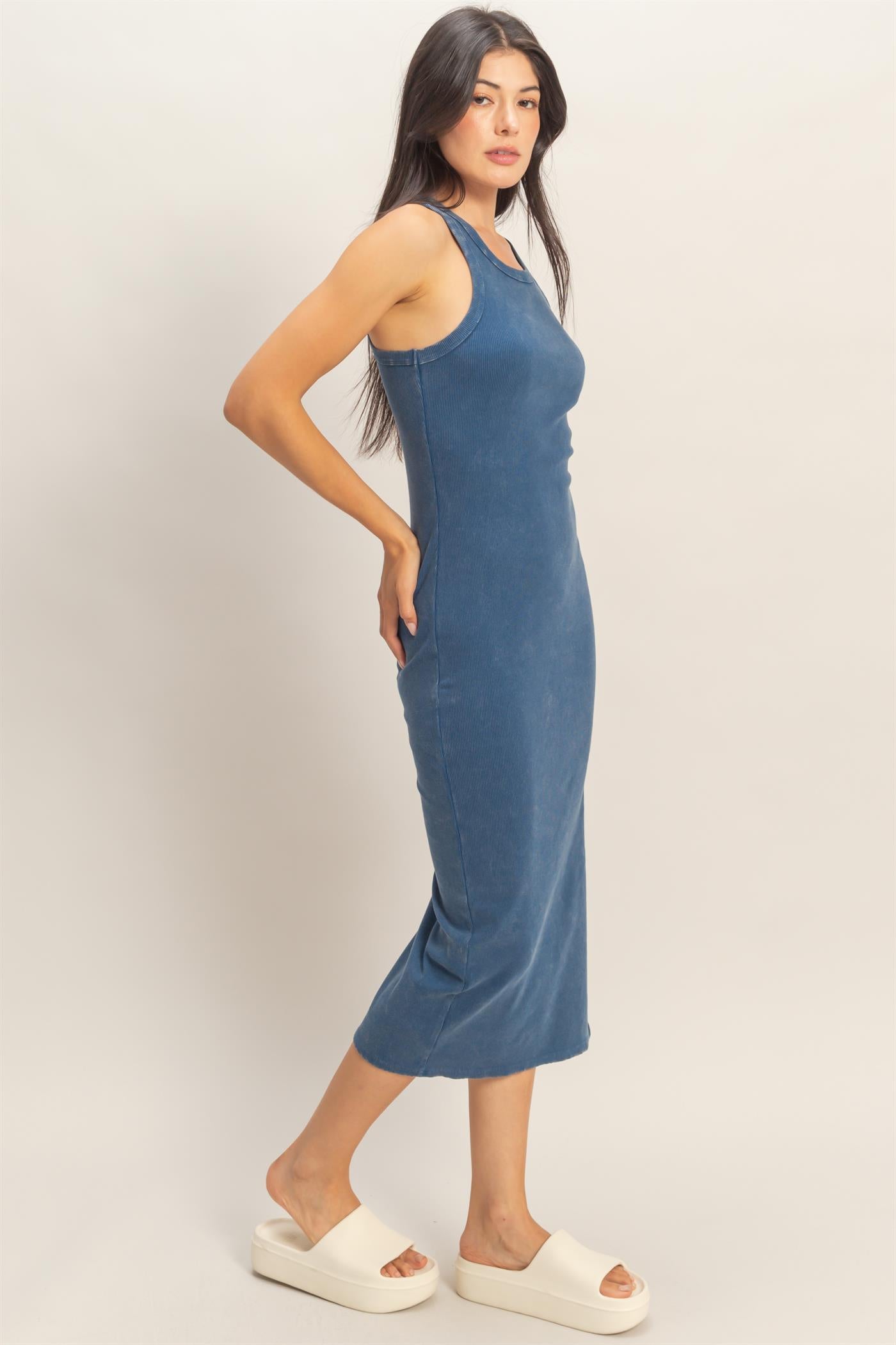 Wholesale Acid Washed Ribbed Midi Tank Dress Dresses DZ26C060 NAVY DOUBLE ZERO
