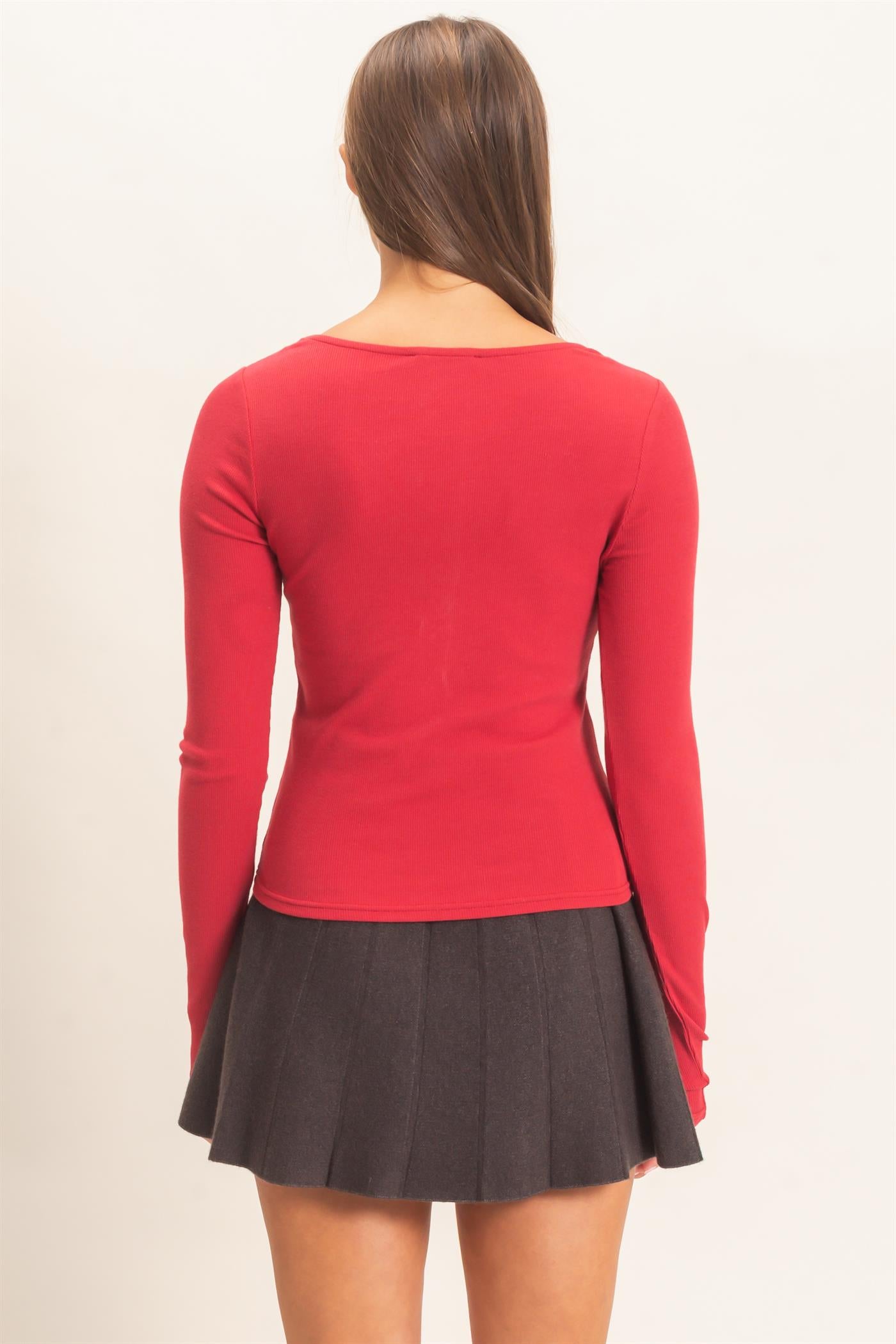 Wholesale Lace Trim V-Neck Top Clothing Tops DZ26E913 DARK RED DOUBLE ZERO