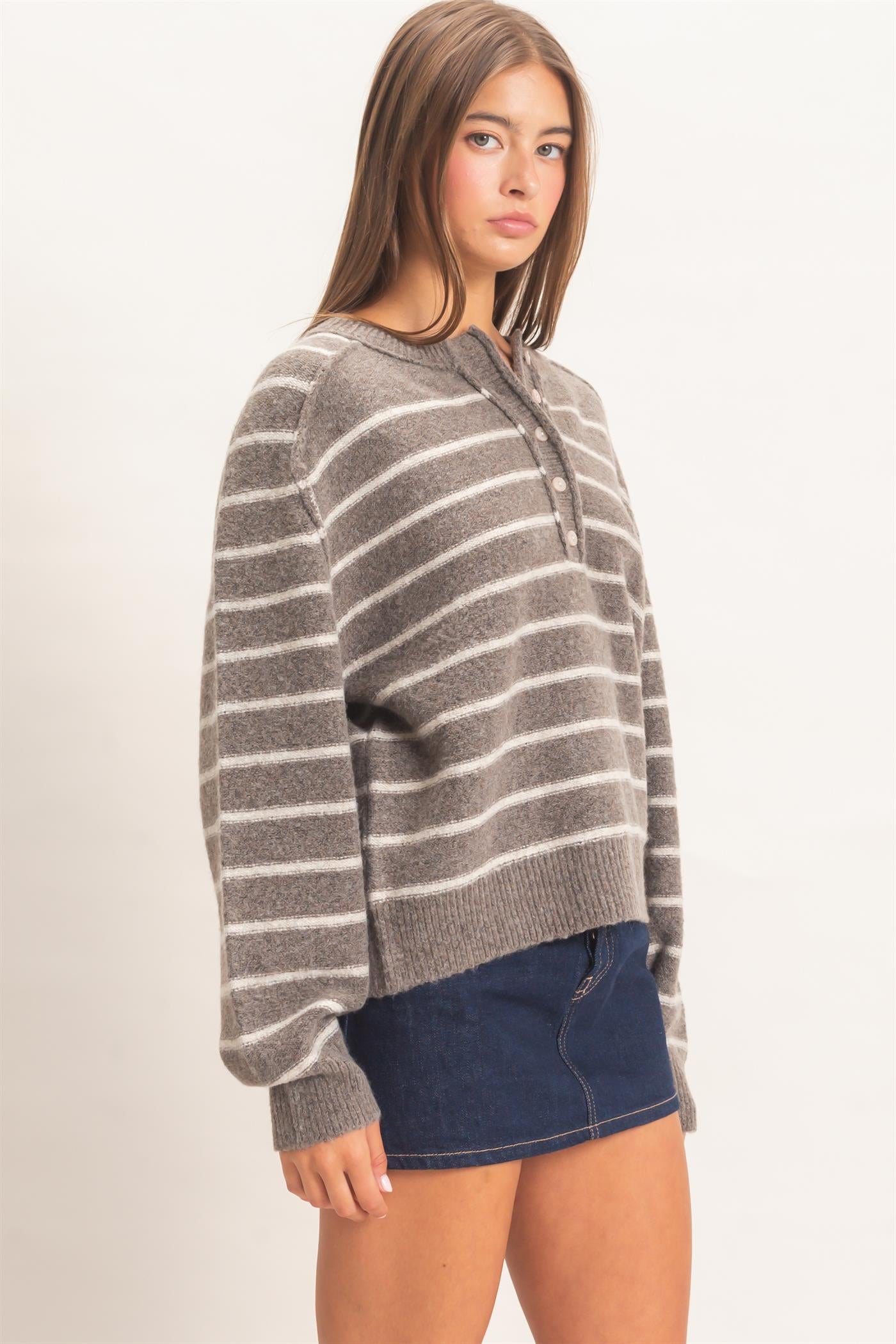 Wholesale Stripe Henley Sweater Sweaters DZ26F002 ASH BROWN DOUBLE ZERO