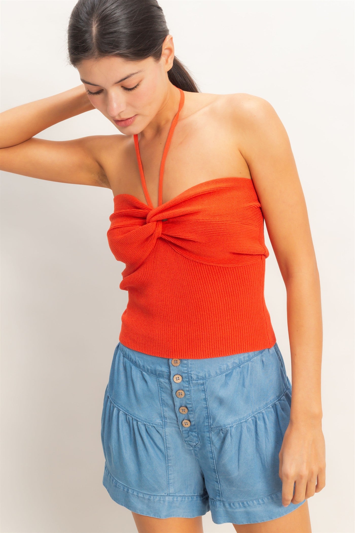 Wholesale Ribbed Halter Top With Twist Clothing Tops HF26A299 ORANGE RED HYFVE