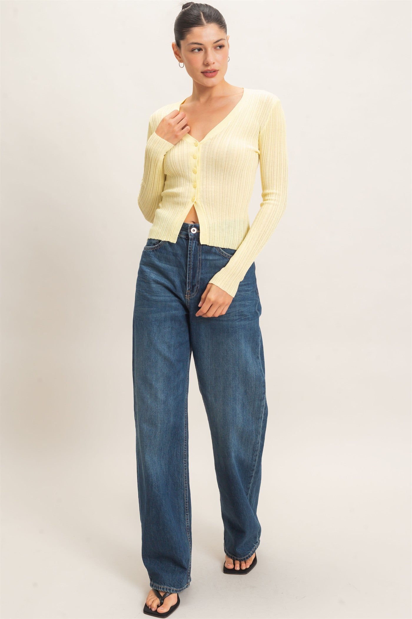 Wholesale Ribbed V-Neck Cardigan Cardigans HF26E154 PASTAL YELLOW HYFVE