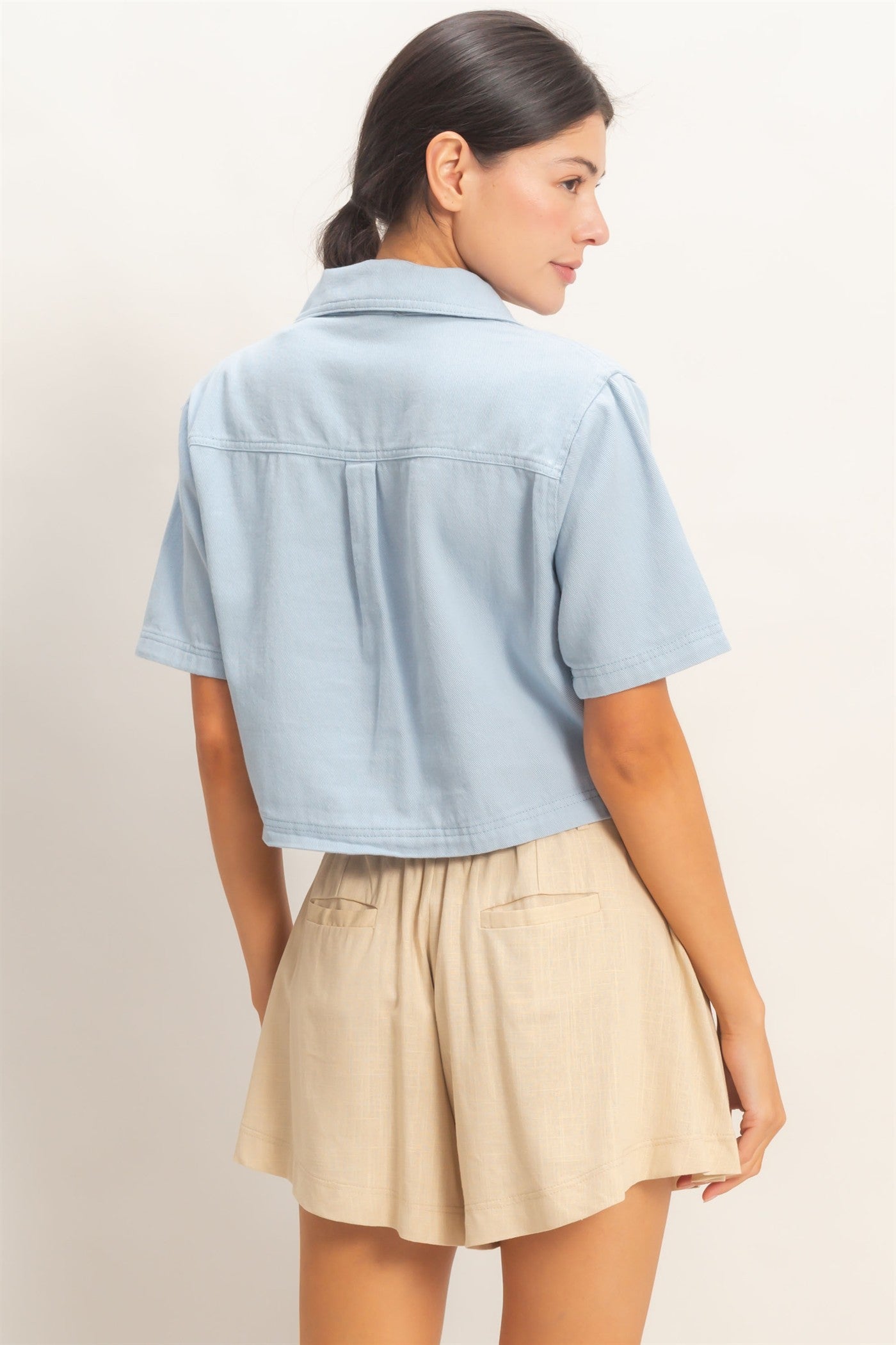 Wholesale Collared V-Neck Top Clothing Tops HF26E444 LIGHT BLUE HYFVE