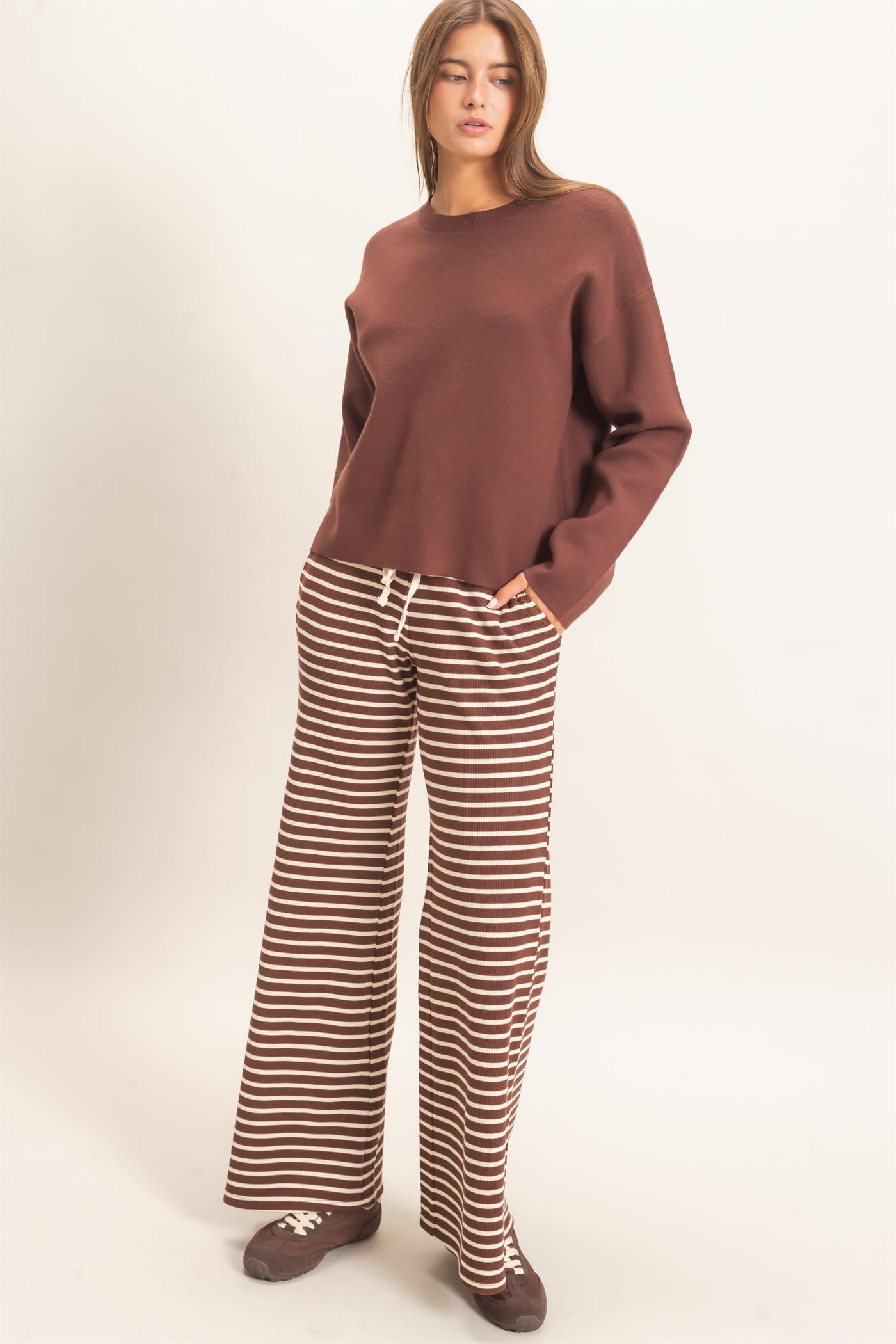 Wholesale Low Rise Striped Waffle Knit Pants Pants DZ26E553 DARK BROWN DOUBLE ZERO