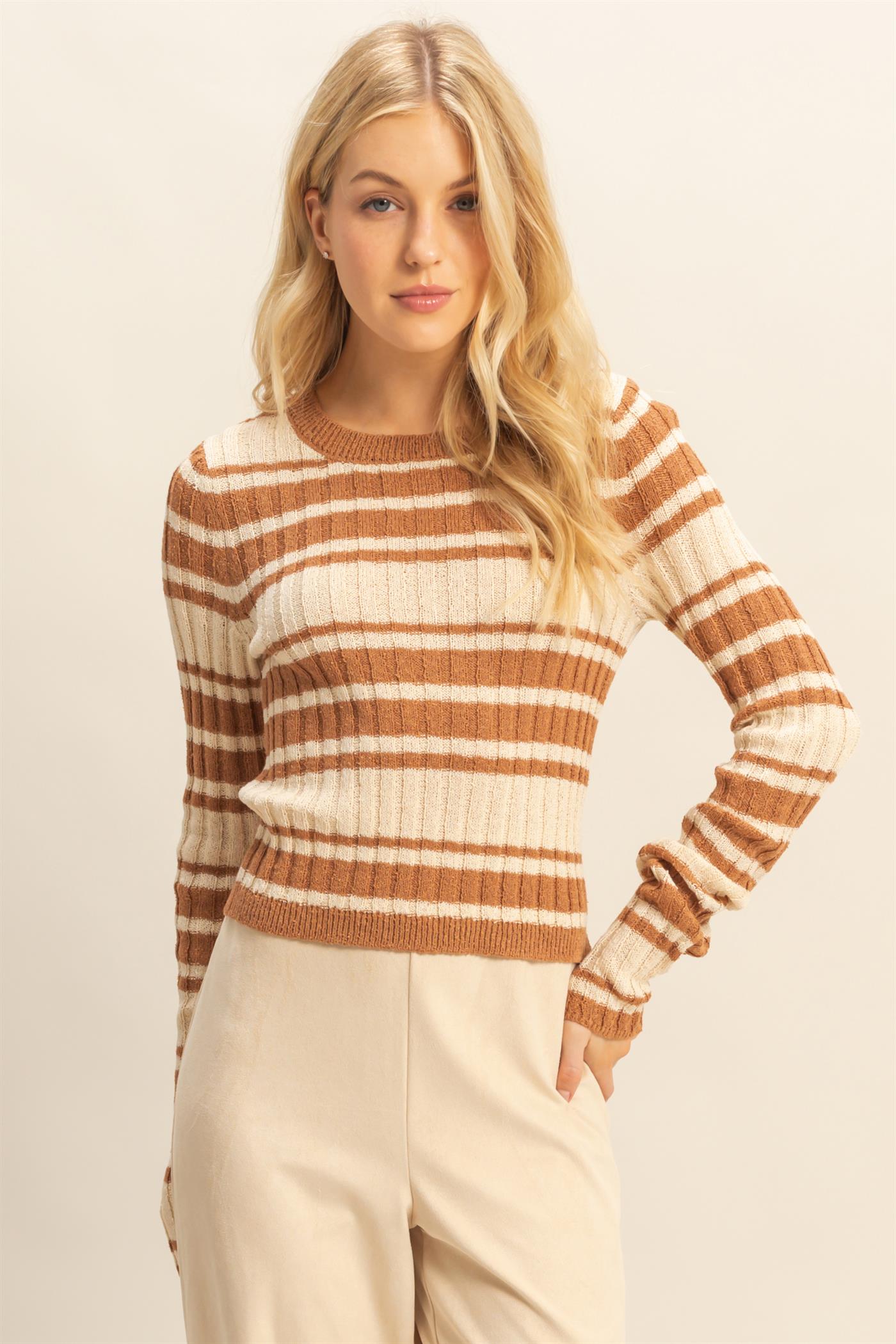 Wholesale Horizontal Striped Crew Neck Sweater Clothing Tops HF25E811 BROWN HYFVE